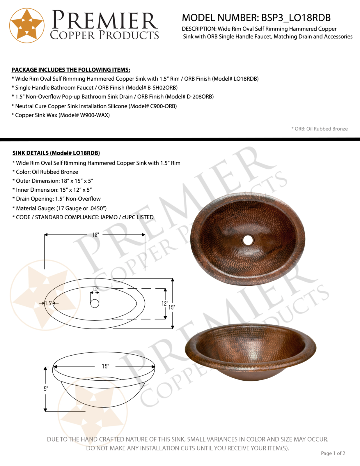 Premier Copper Products IER1613 Specifications - ManualMachine.com