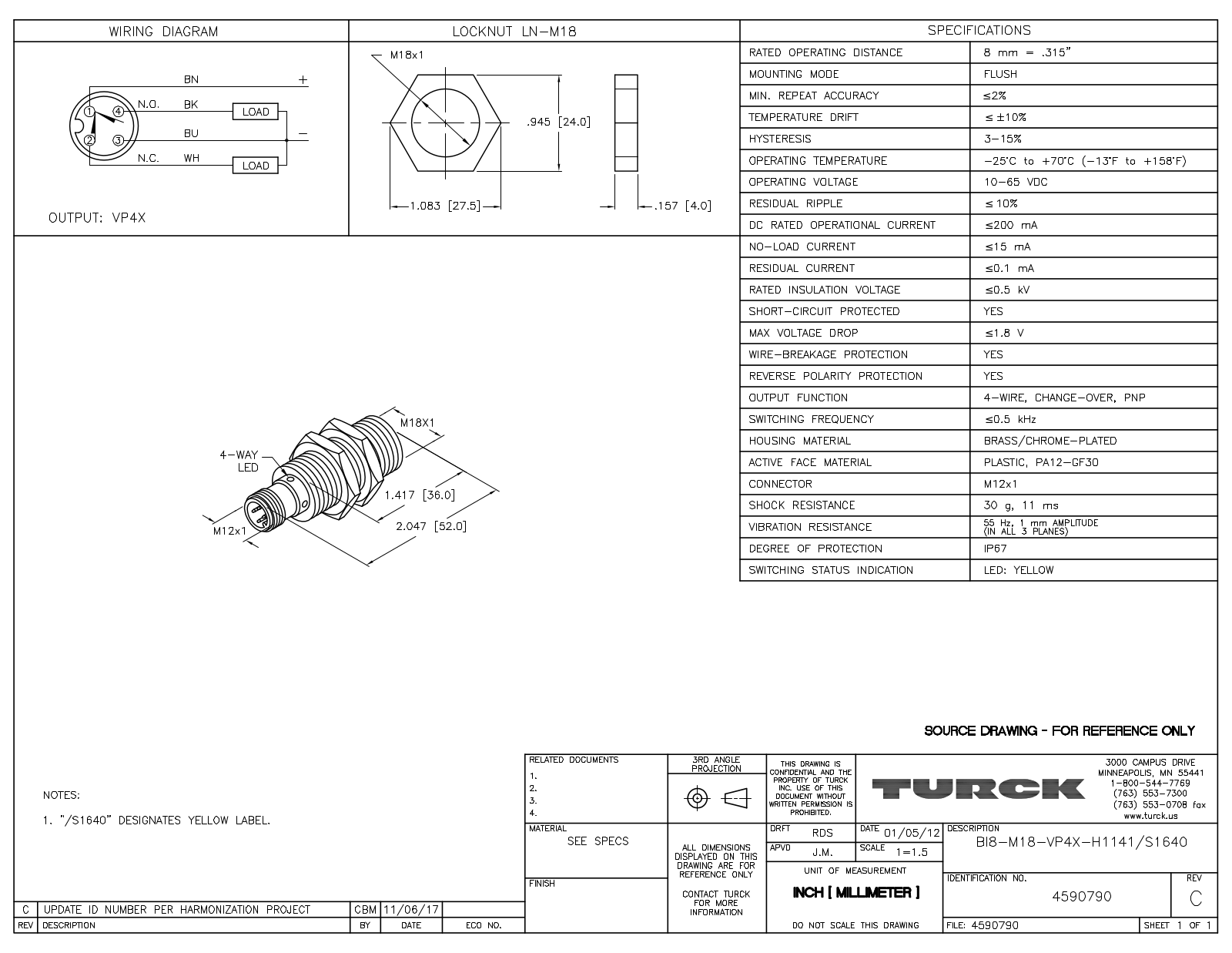 Turck BI8-M18-VP4X-H1141/S1640 Data Sheet