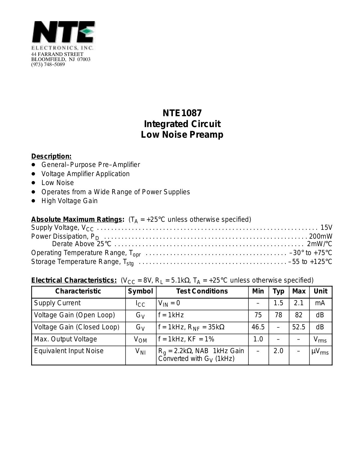 Datasheet NTE1087 Datasheet (NTE) - ManualMachine.com