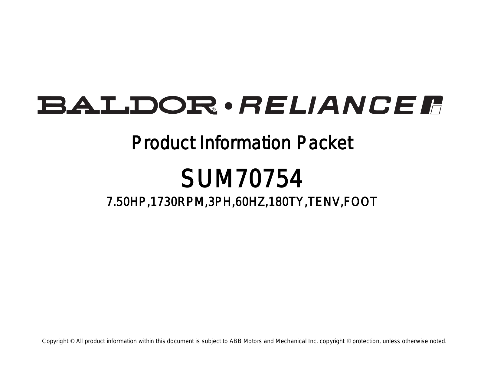 Baldor SUM70754 Product Information Sheet