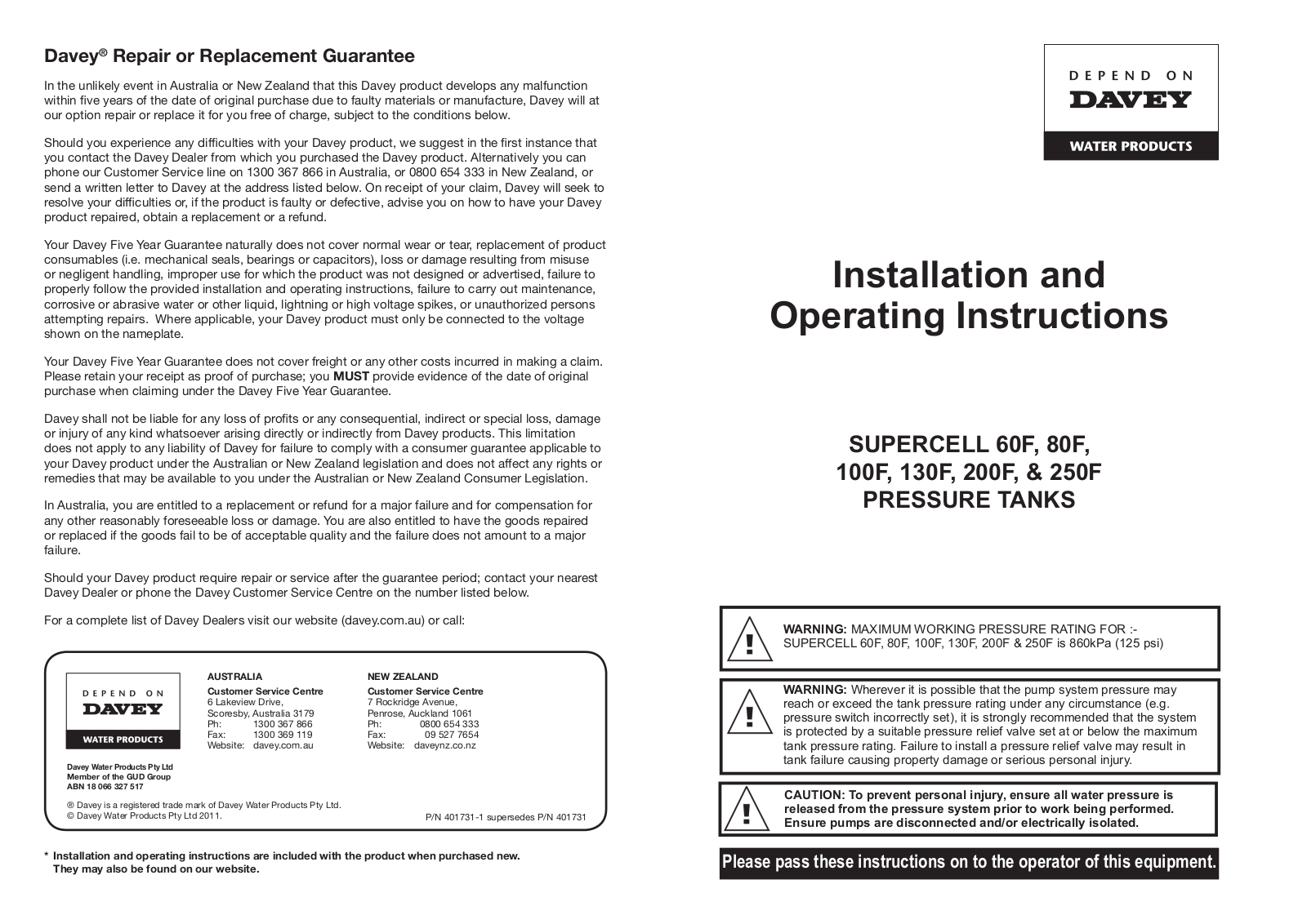 Davey S60F, 80F, 100F, 130F, 200F User Manual