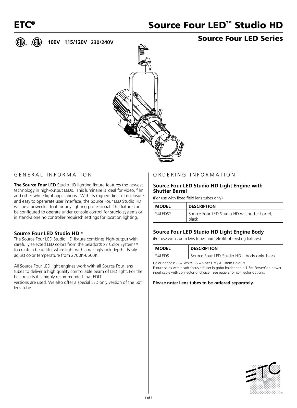 ETC Source Four LED Studio HD Data Sheet