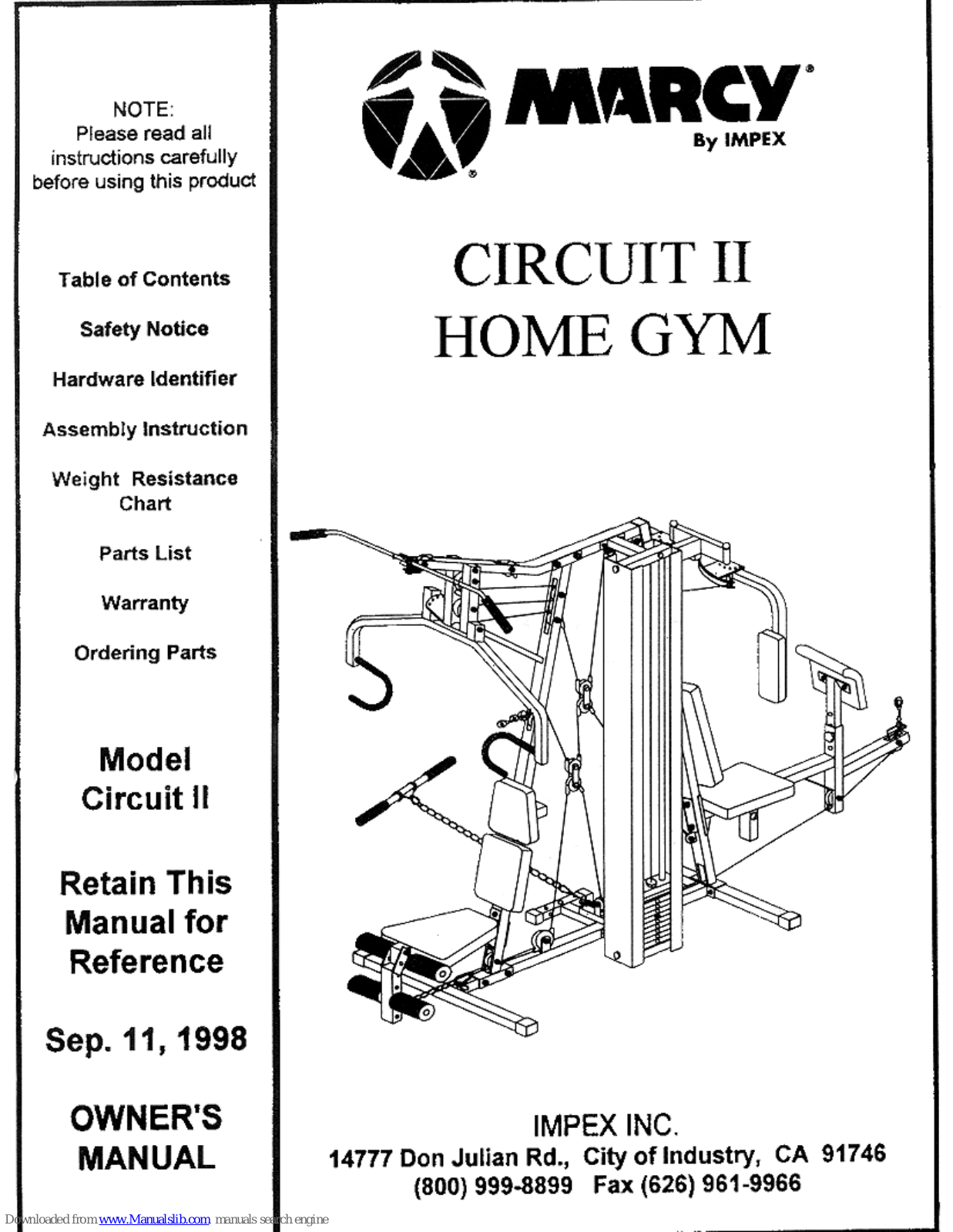 Marcy circuit ii Owner's Manual