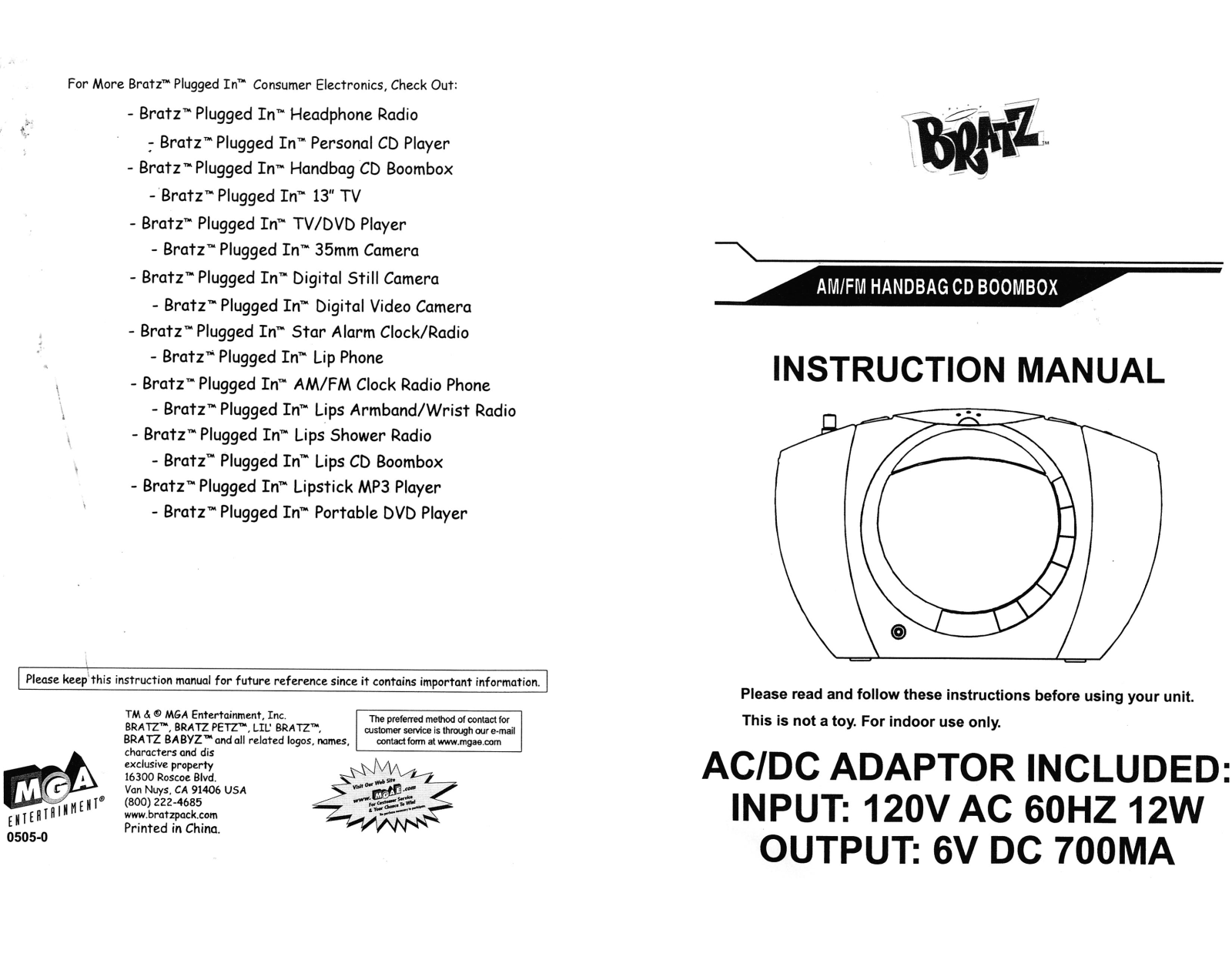 Mga Entertainment BRATZ AMFM HANDBAG CD BOOM BOX FRONT User Manual