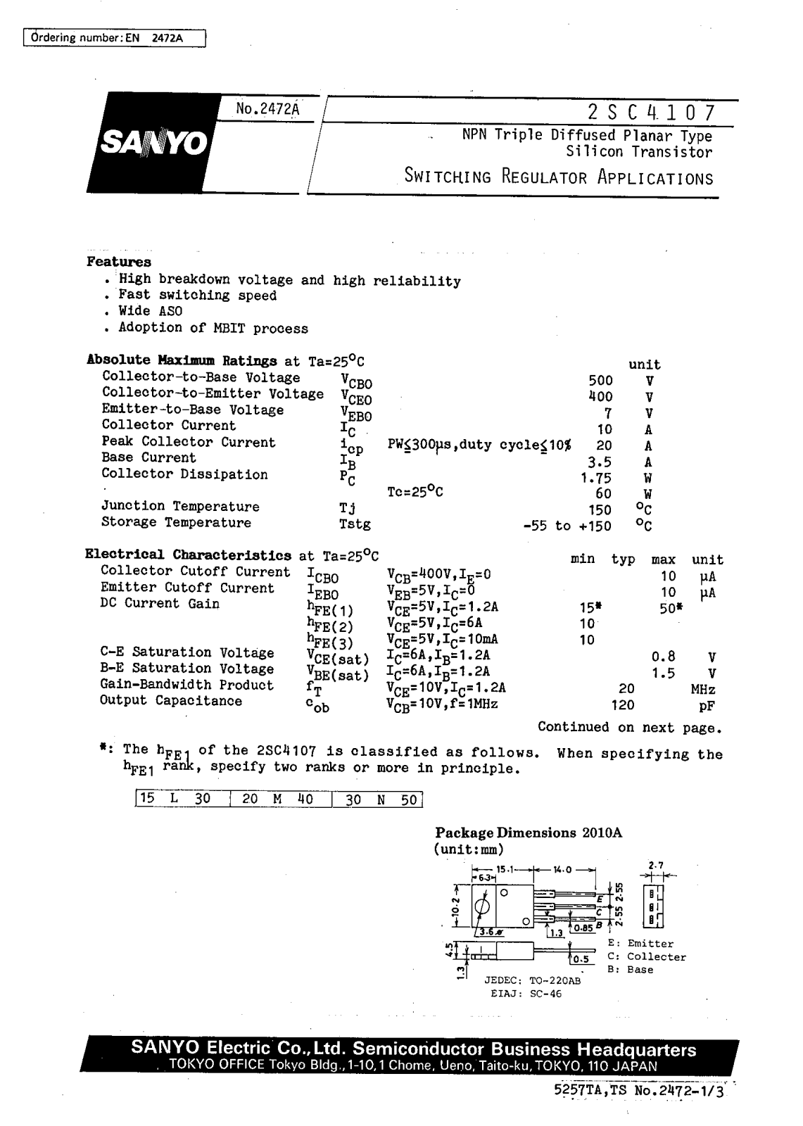 SANYO 2SC4107 Datasheet