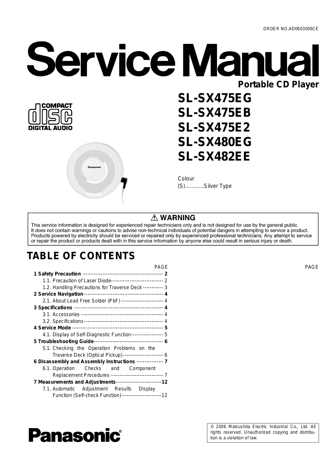 Panasonic SLSX-475-E-2, SLSX-475-EB, SLSX-475-EG, SLSX-480-EG, SLSX-482-EE Service manual