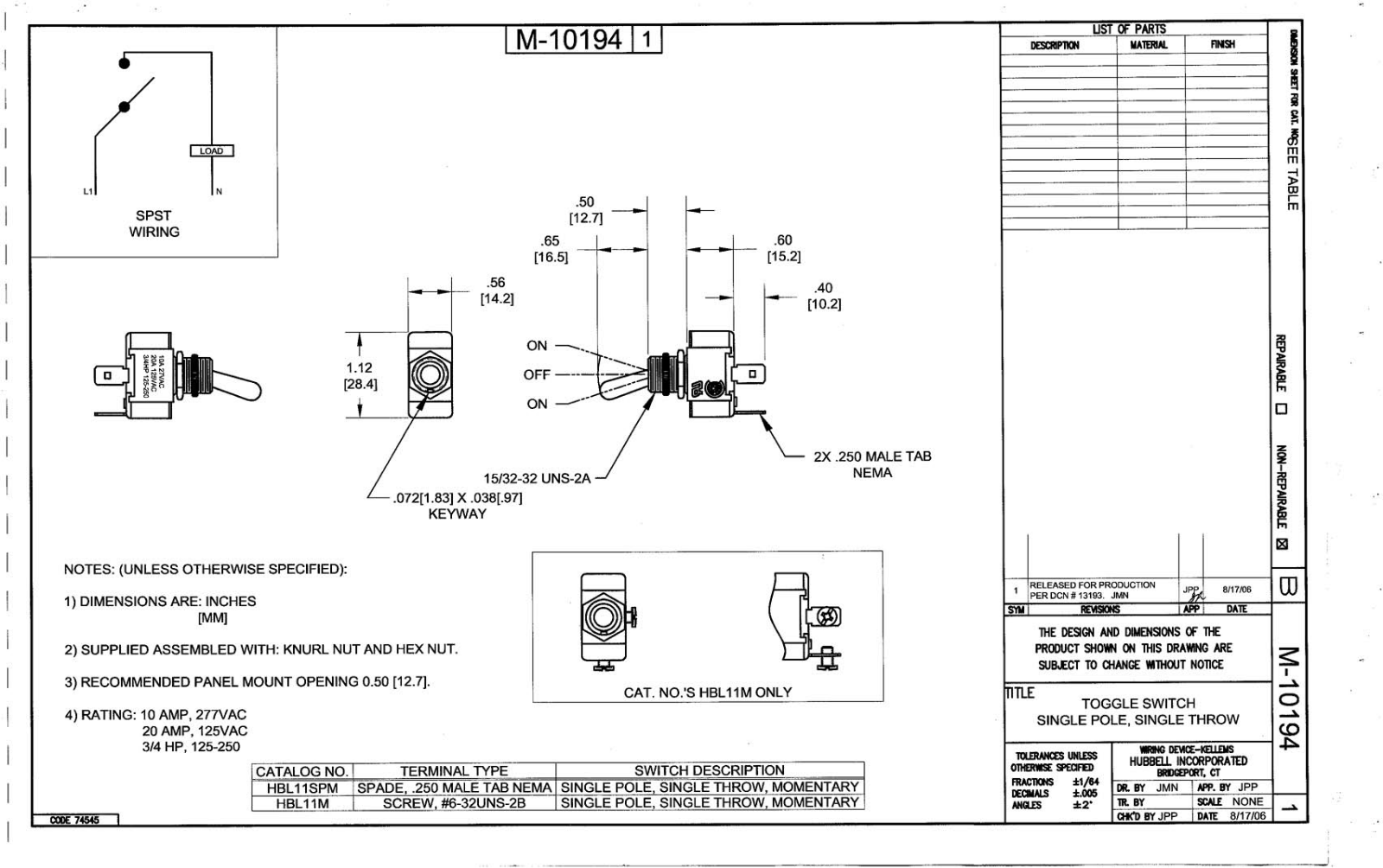 Hubbell HBL11M Reference Drawing