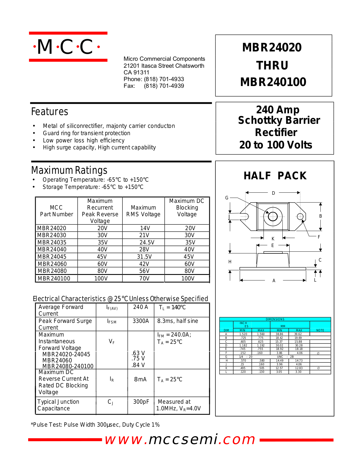 MCC MBR24030, MBR24035, MBR24045, MBR240100 Datasheet