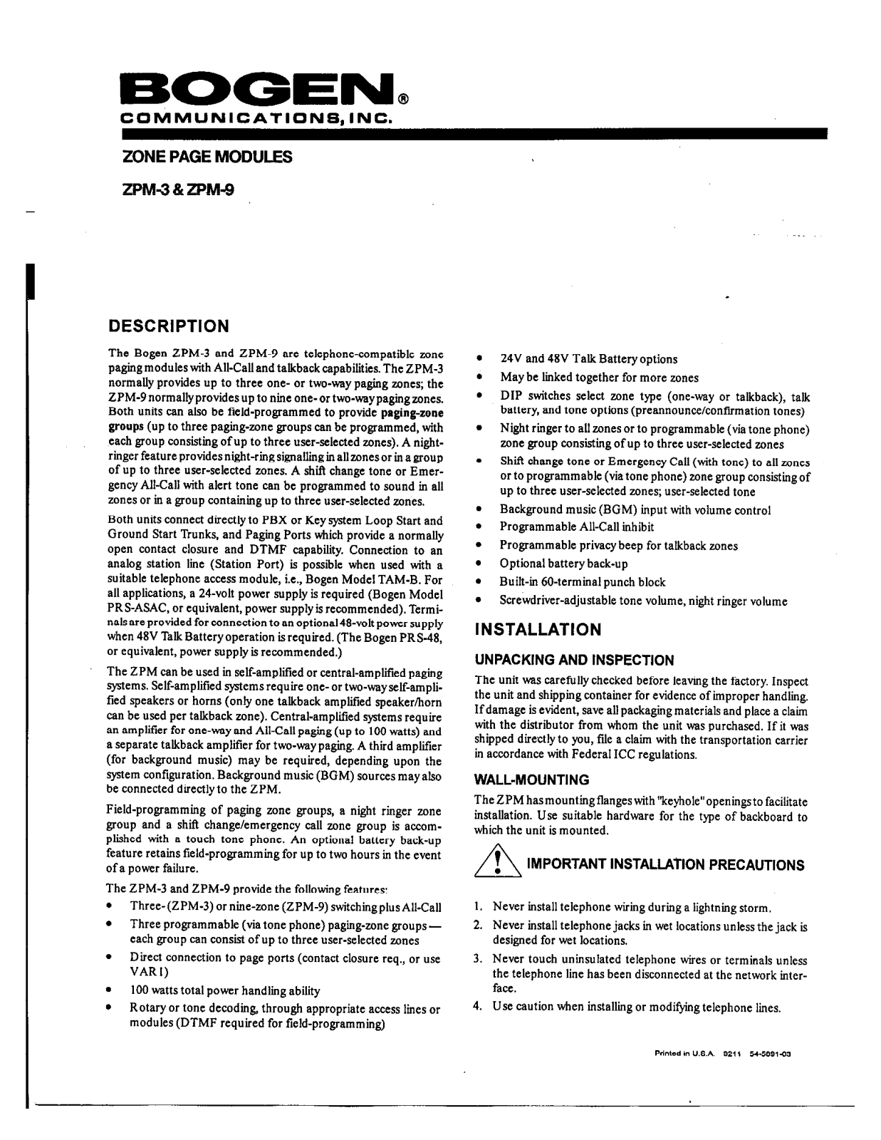 Bogen ZPM3 Service Manual