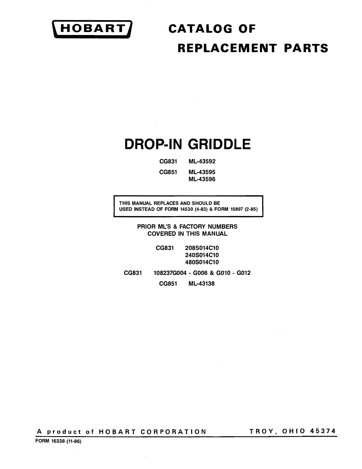 Hobart CG831 Parts List