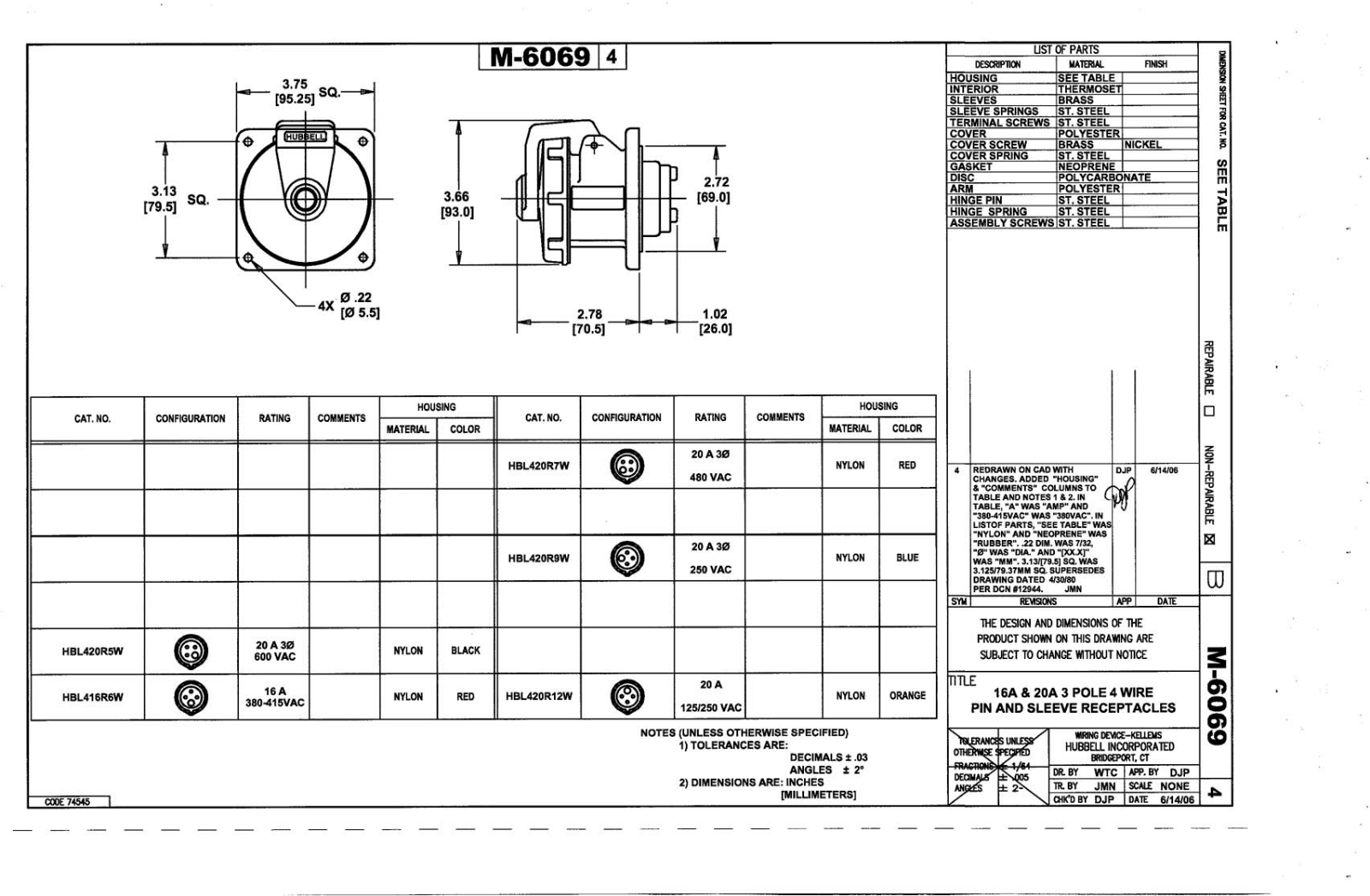 Hubbell HBL416R6W Reference Drawing