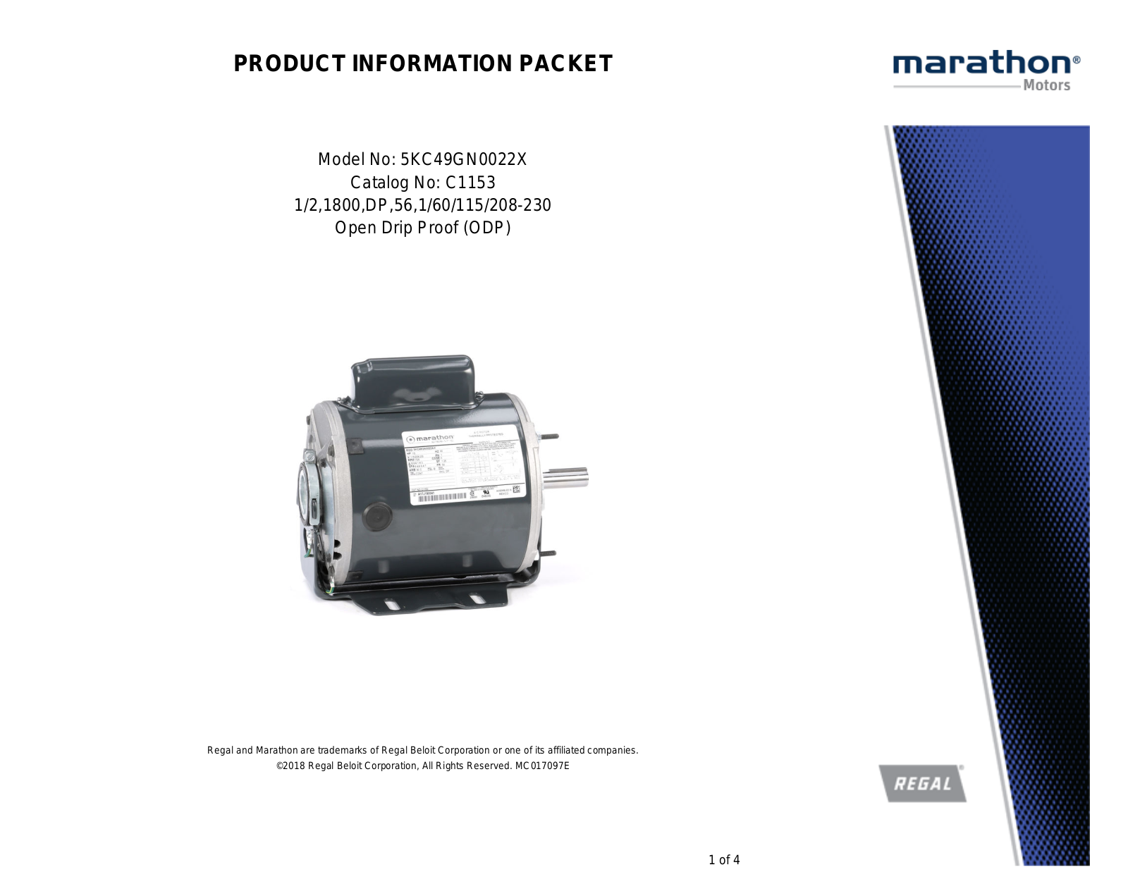 Marathon Electric 5KC49GN0022X Product Information Packet