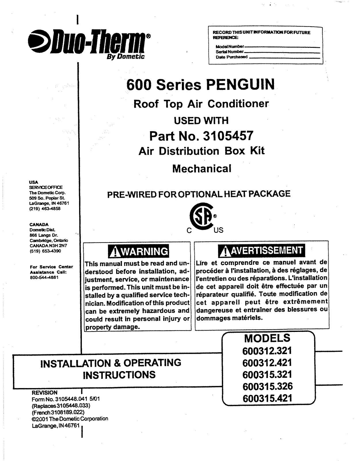 Dometic 600312.321, 600312.421, 600315.321, 600312.326 User Manual