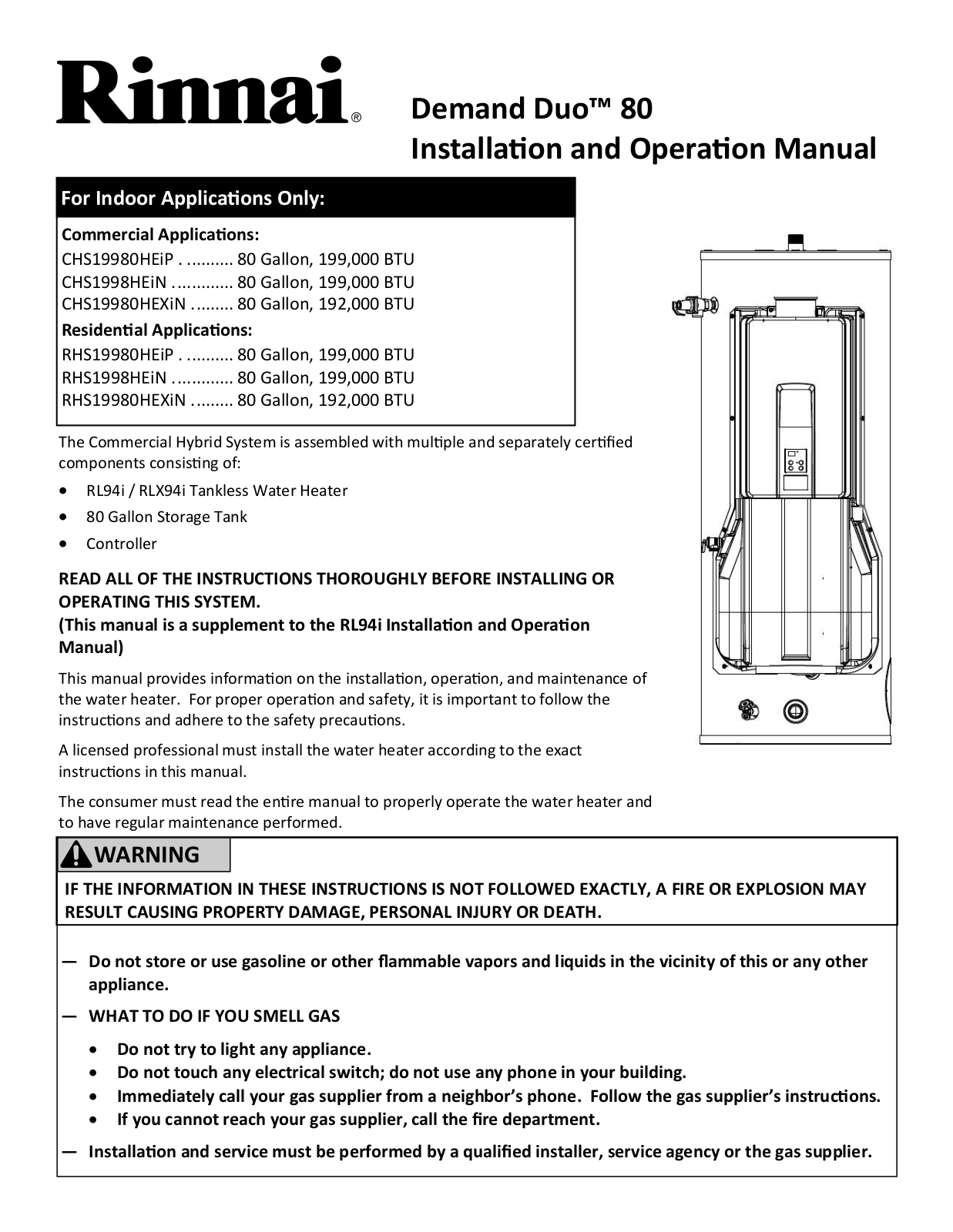 Rinnai CHS19980HEiP, CHS1998HEiN, CHS19980HEXiN, RHS19980HEiP, RHS1998HEiN Installation Manual