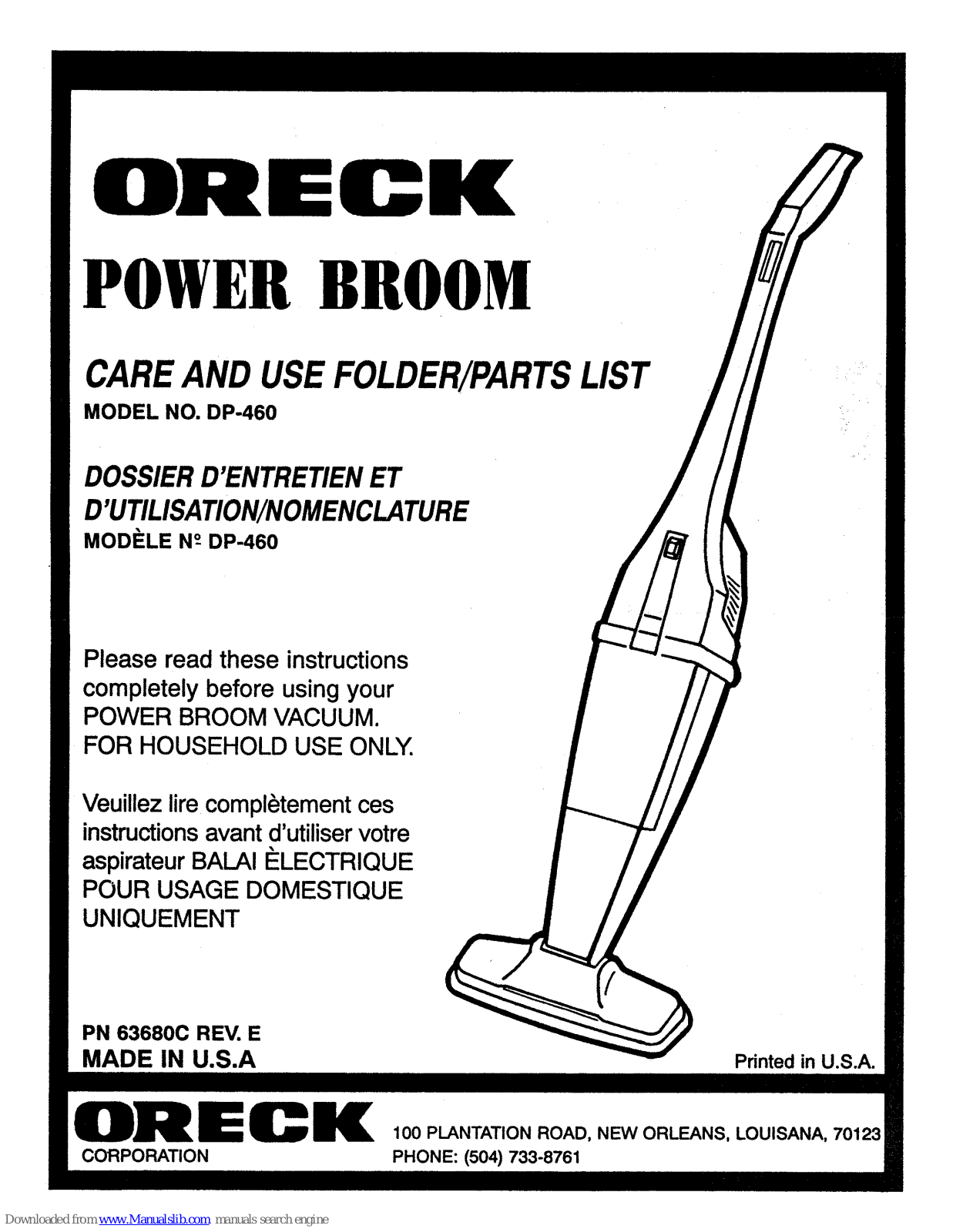 Oreck POWER BROOM DP-460 User Manual