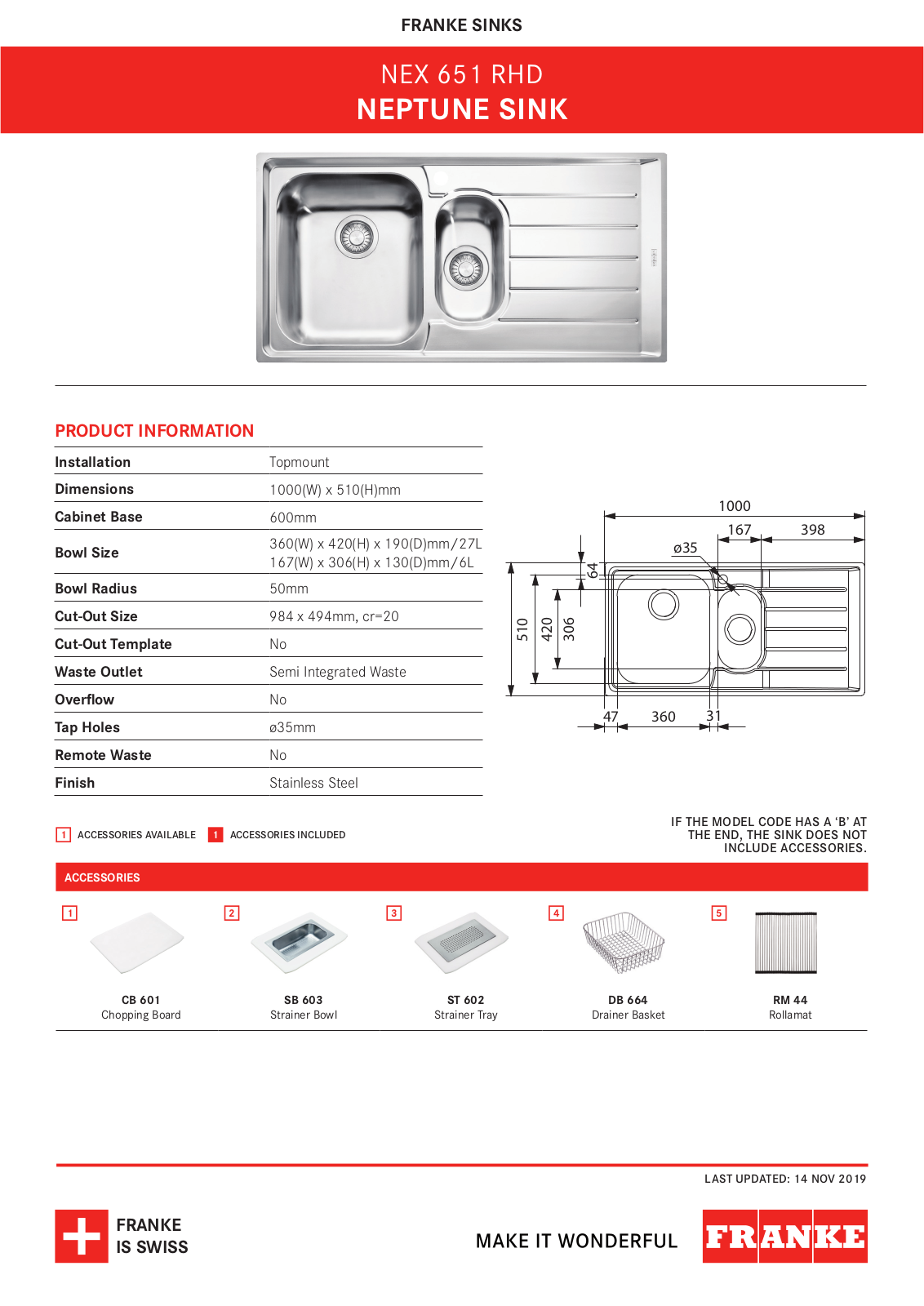 Franke NEX651RHD Specifications Sheet