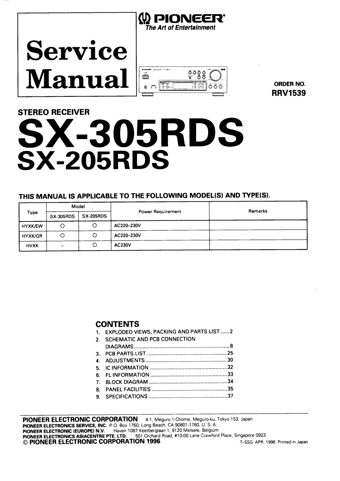 Pioneer SX-305-RDS Service manual