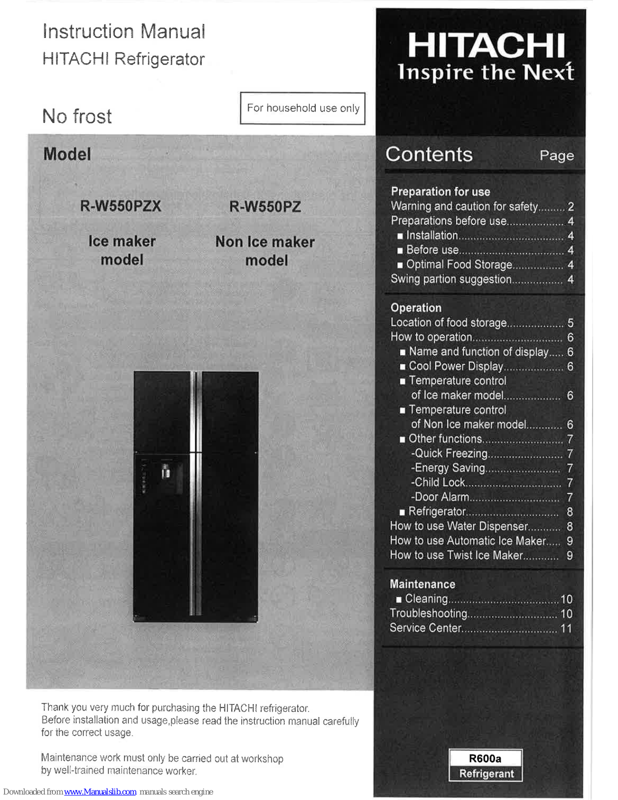 Hitachi R-W550PZX, R-W550PZ Instruction Manual