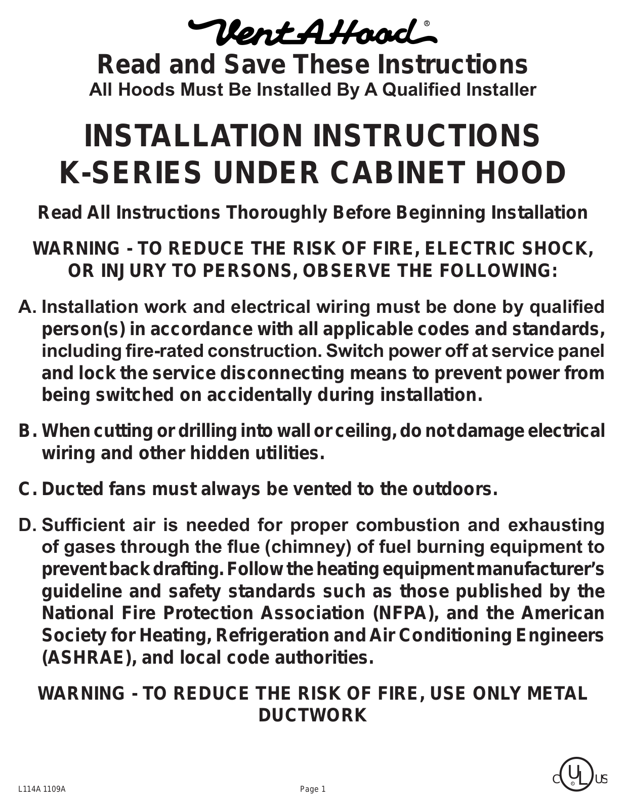 Vent-a-Hood K250, K series Installation Instructions Manual