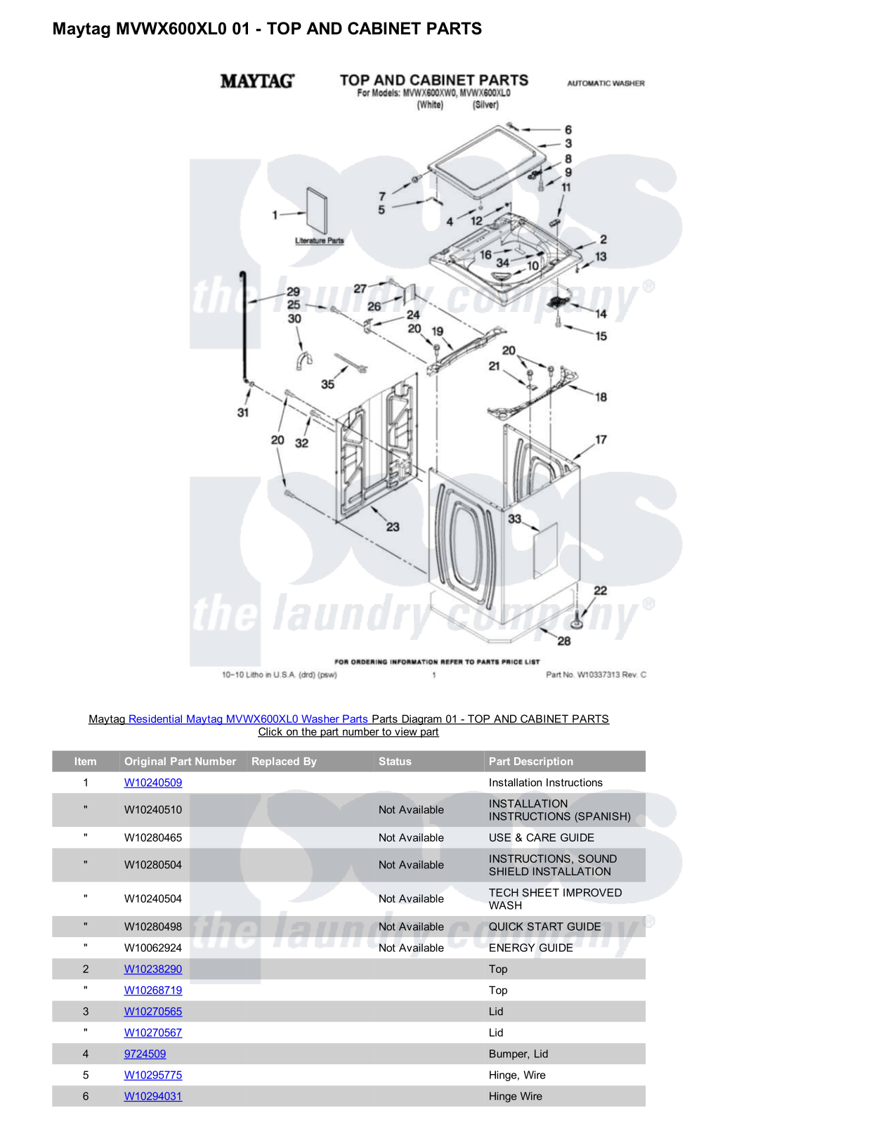 Maytag MVWX600XL0 Parts Diagram