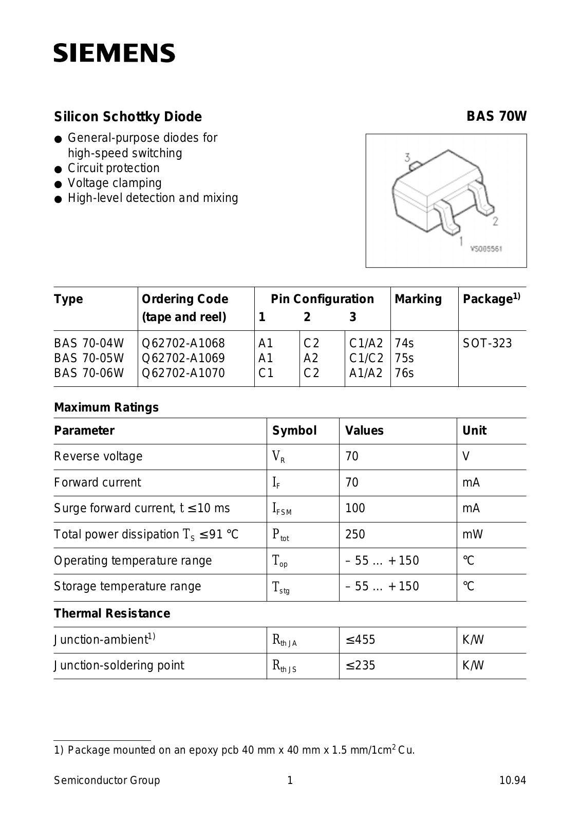 Datasheet BAS70-05W, BAS70-04W, BAS70-06W Datasheet (Siemens) - ManualMachine.com