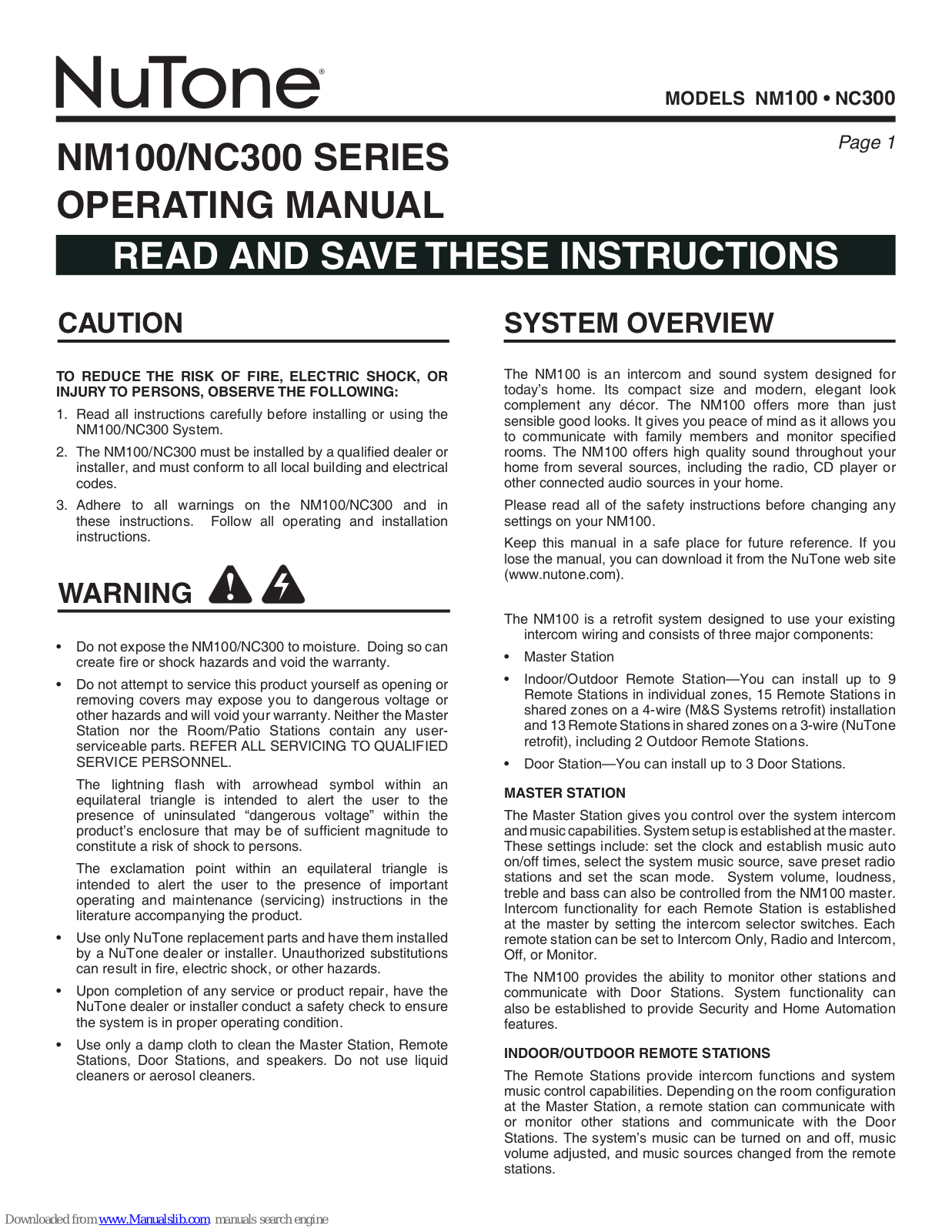 NuTone NM300 Operating Manual