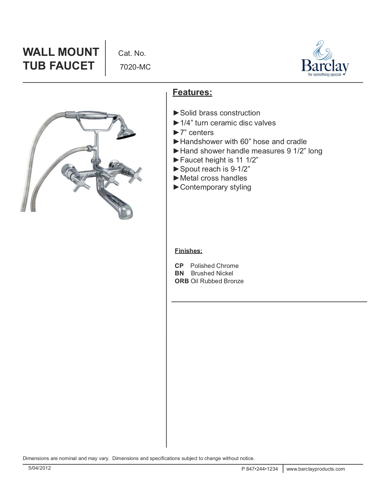 Barclay 7020MCORB, 7020MCCP Specifications