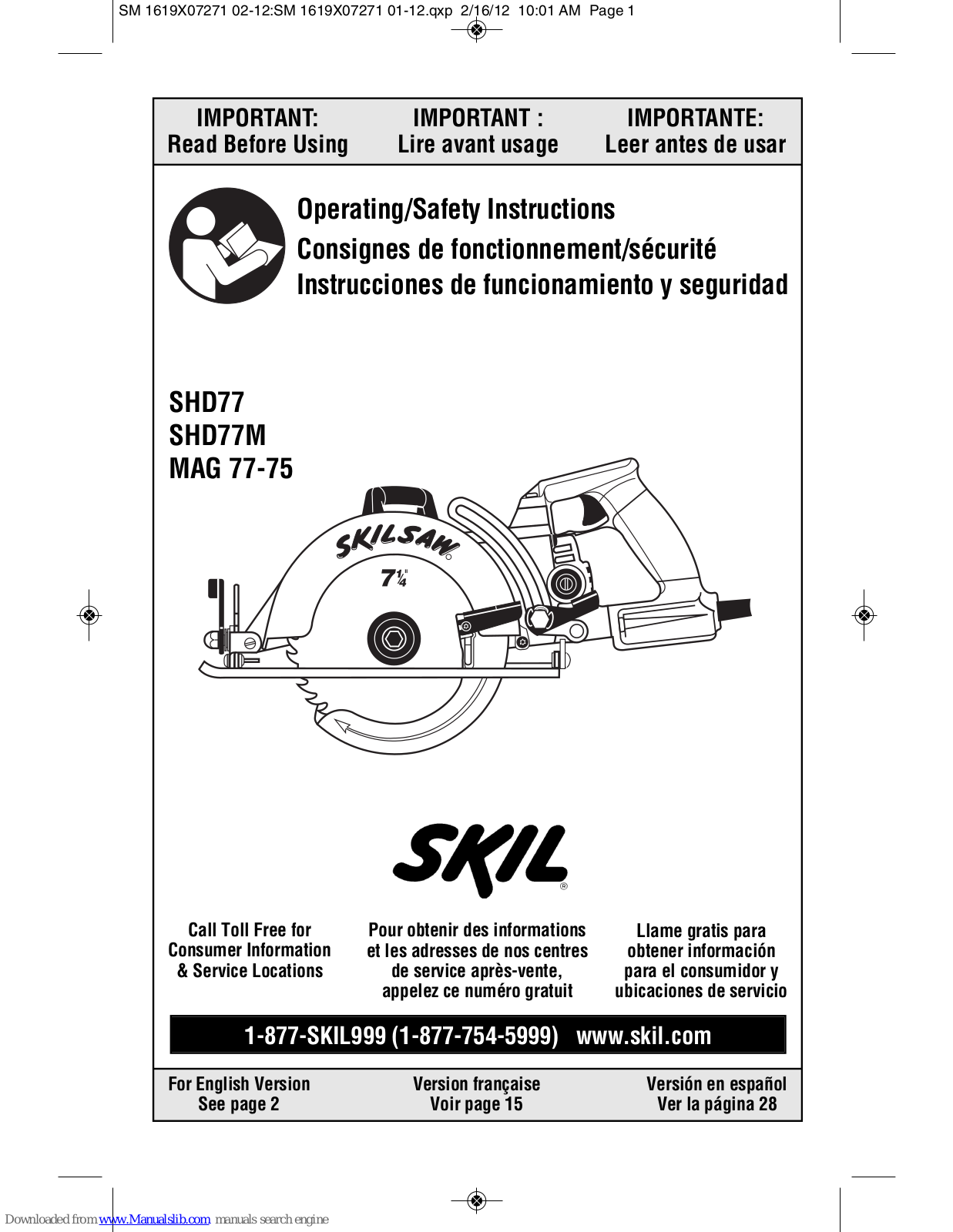 Skil MAG 77-75, SHD77, SHD77M Operating/safety Instructions Manual