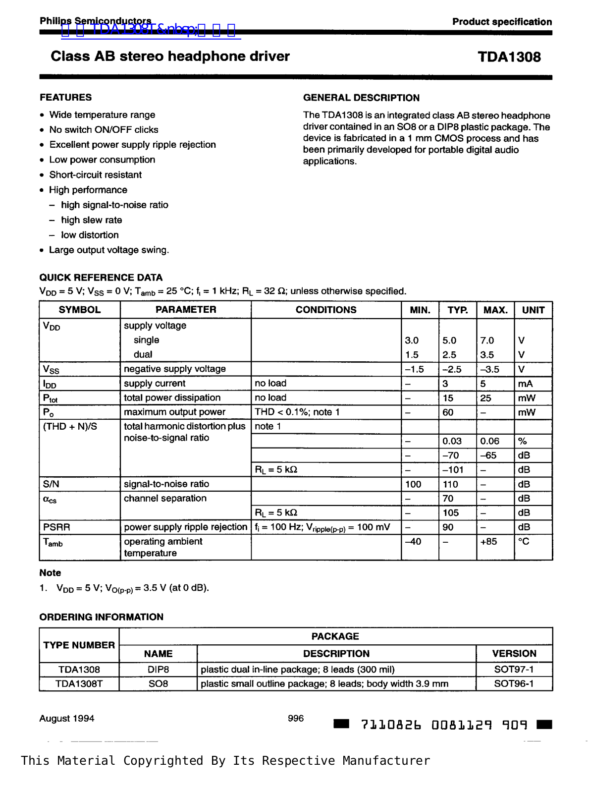 Philips TDA1308 Technical data