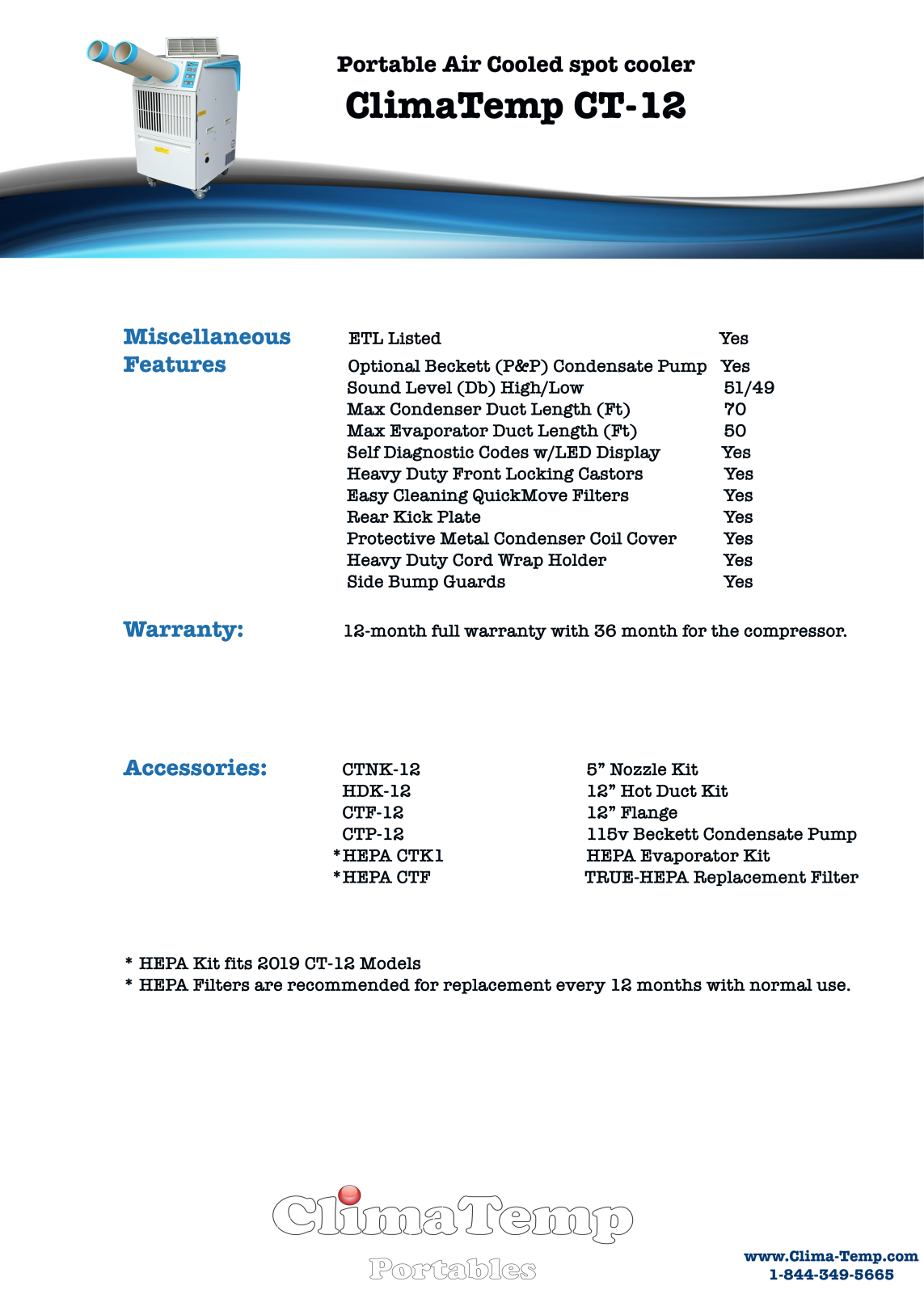 ClimaTemp CT-12 Spec Sheet - ManualMachine.com