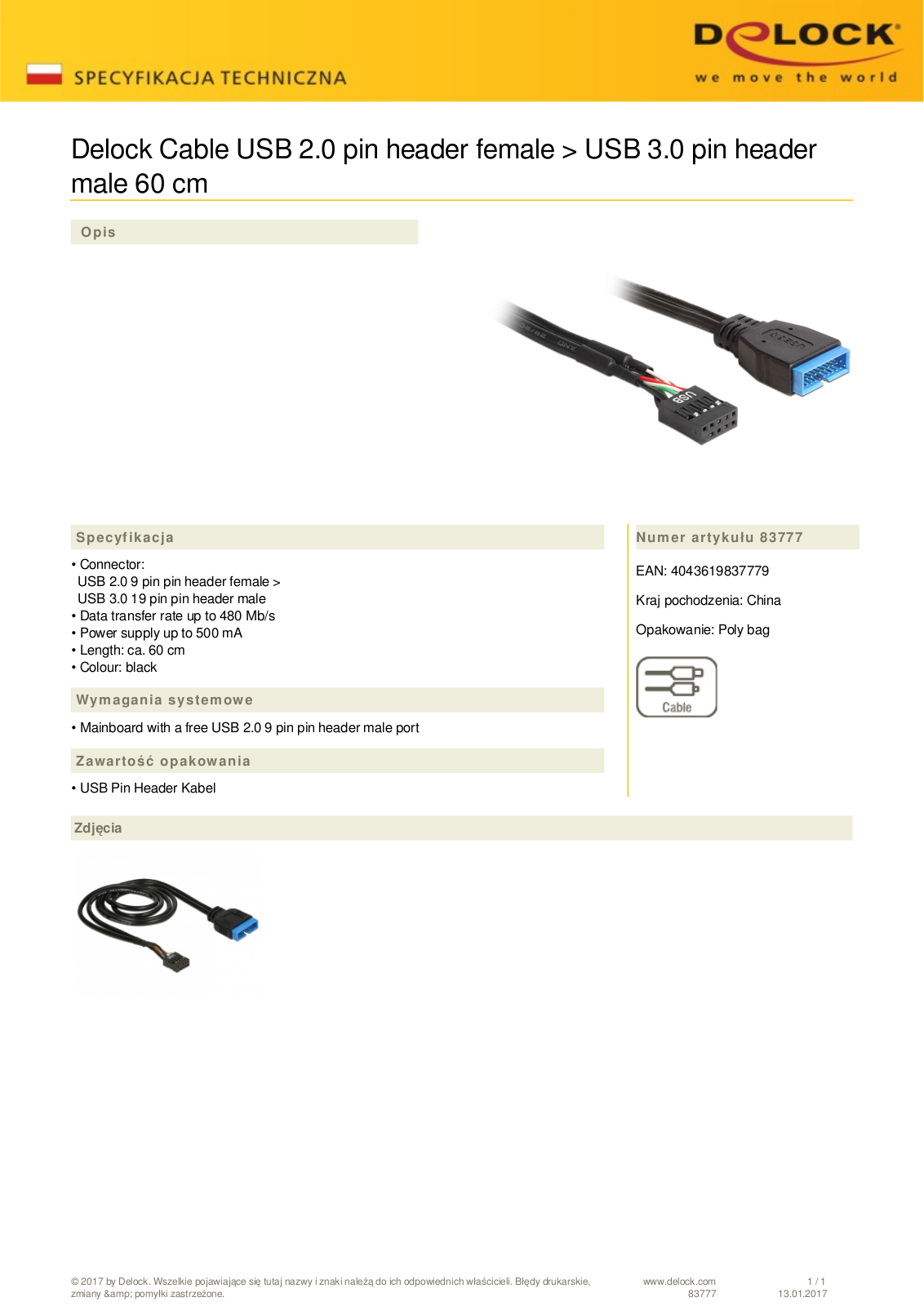 DeLOCK USB 2.0 to USB 3.0 Pin Header converter, 0.60m User Manual