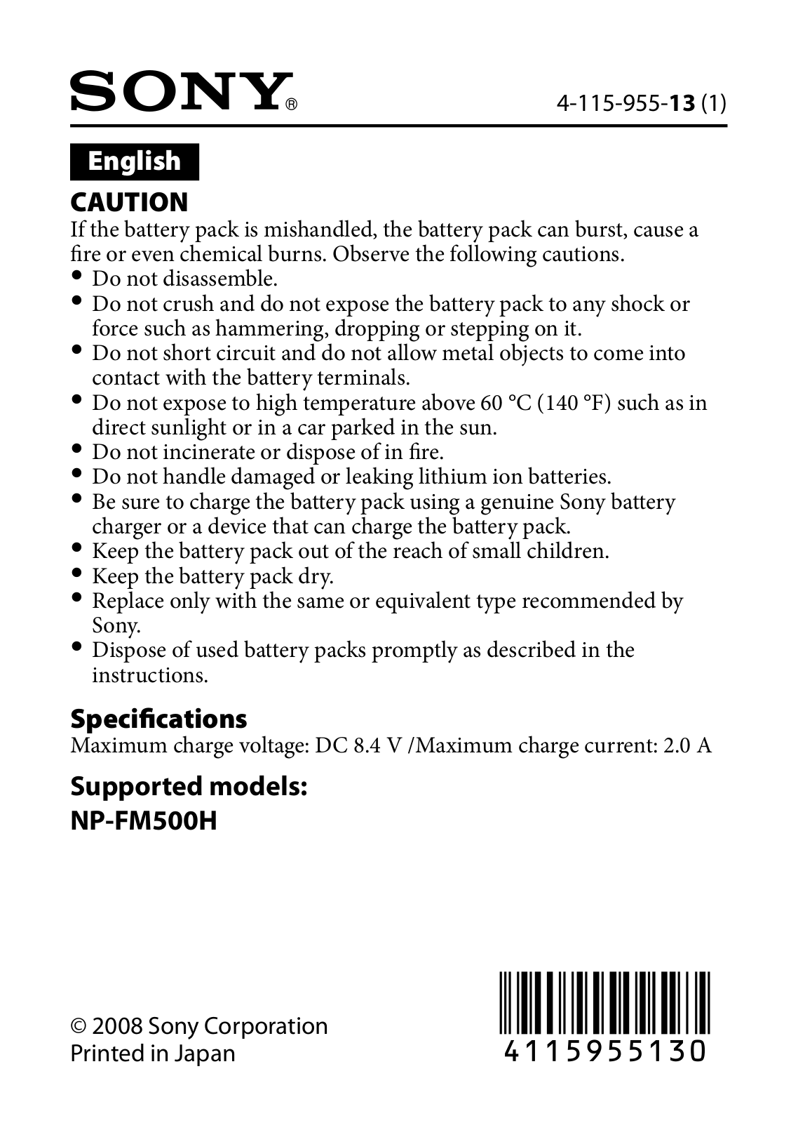 Sony NP-FM500H Cautions