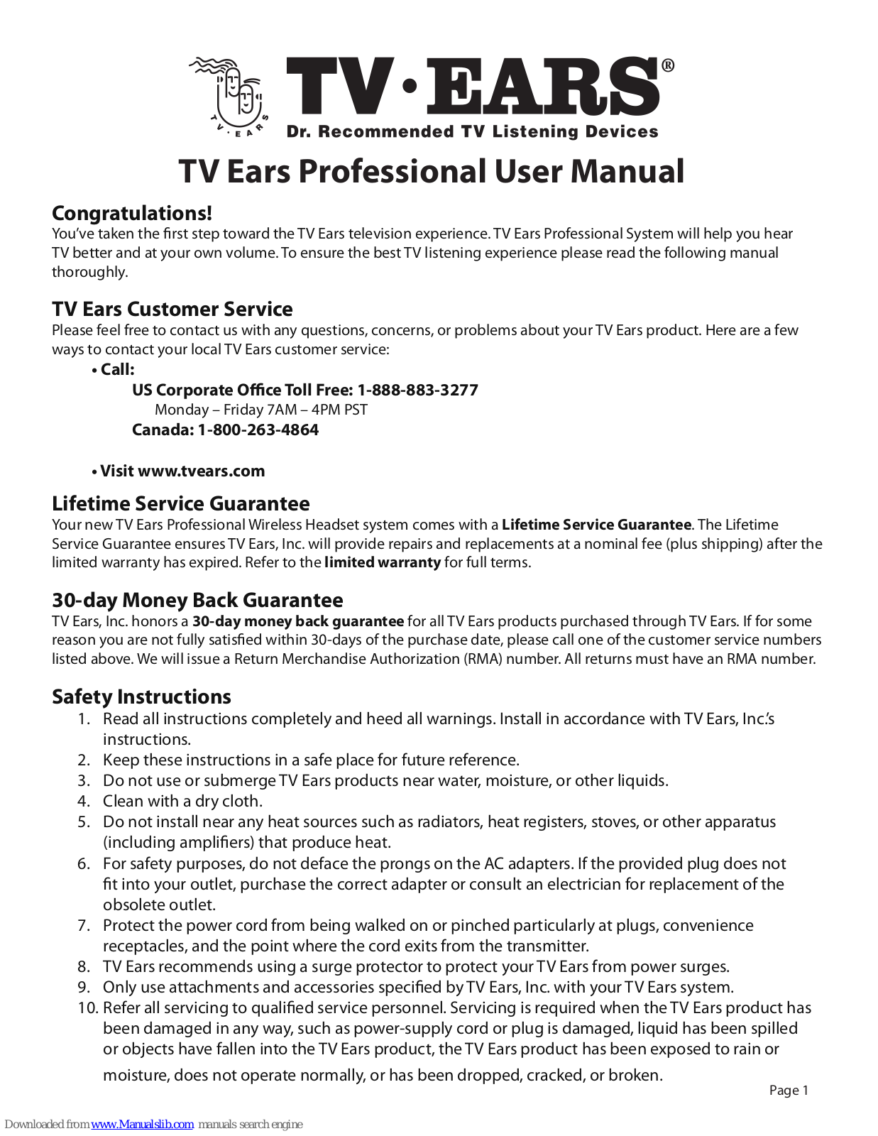 TV Ears Professional User Manual