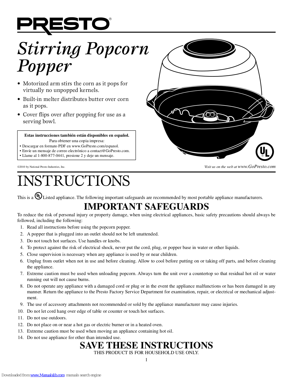 Presto Stirring Popcorn Popper Instructions Manual