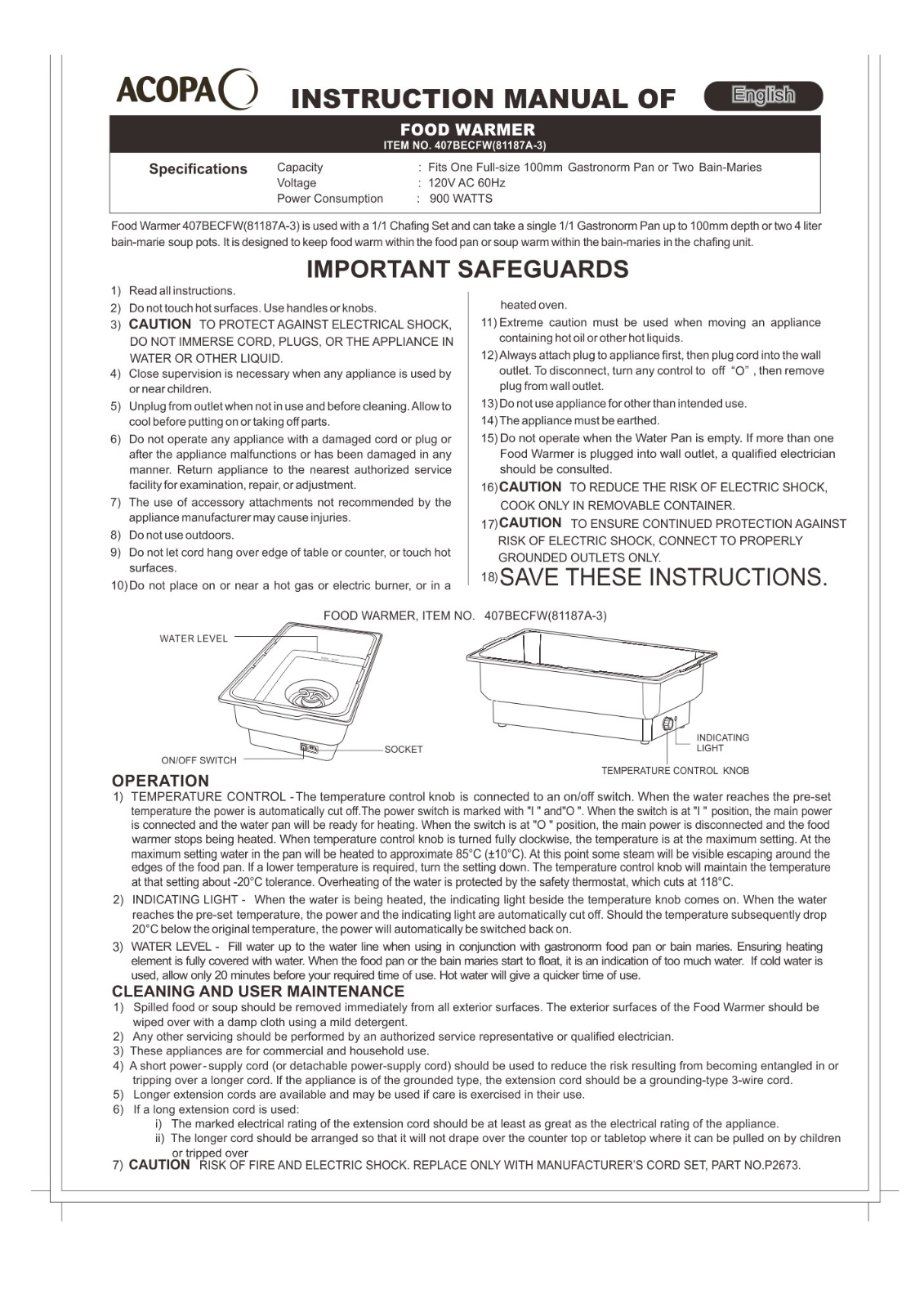 Acopa 407PLPLELECT / 407PLSSELECT Manual - ManualMachine.com