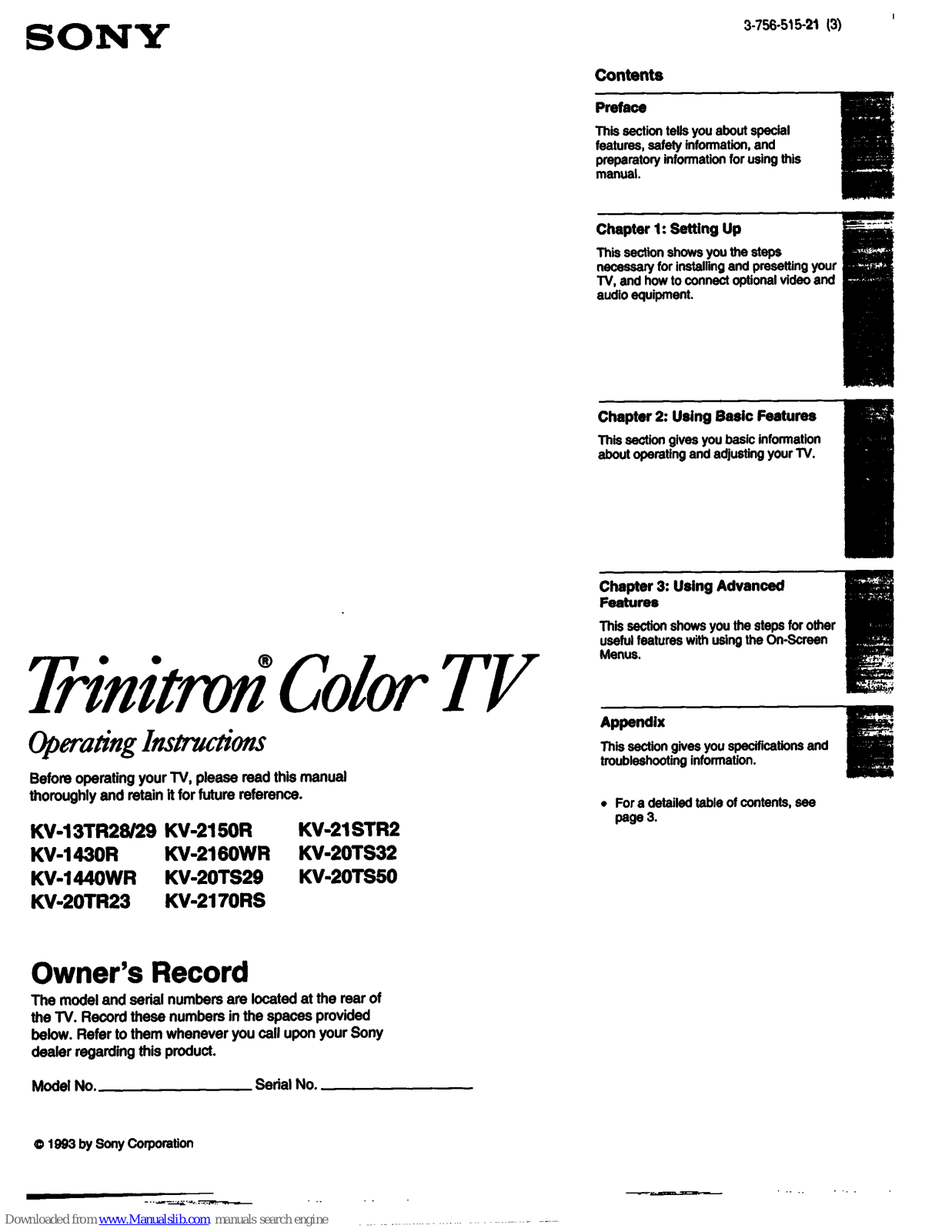 Sony KV-13TR29, KV-20TR23, KV-1430R, KV-1440WR, KV-2150R Operating Instructions Manual