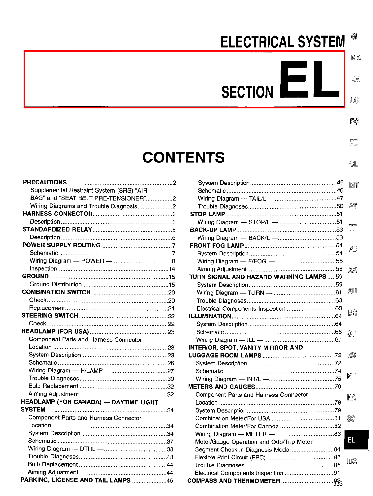 Nissan Pathfinder Electrical System  EL 1999 Owner's Manual