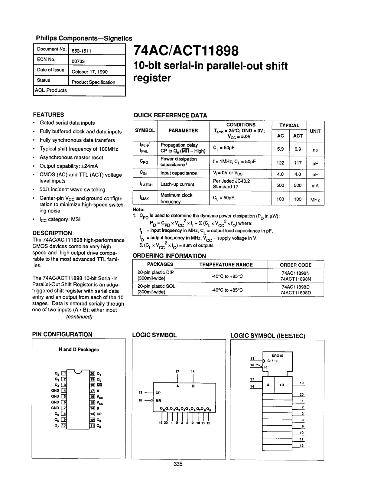 Philips 74ACT11898N, 74ACT11898D, 74AC11898N, 74AC11898D Datasheet