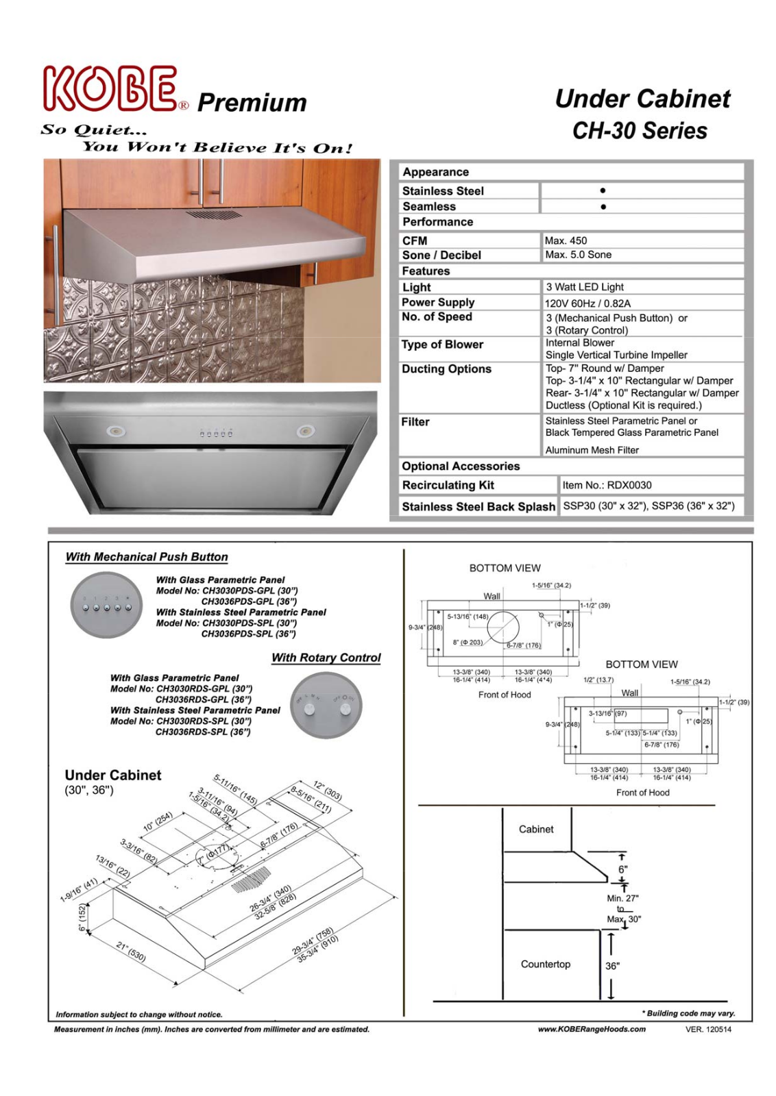 Kobe CH3030PDSGPL Specifications