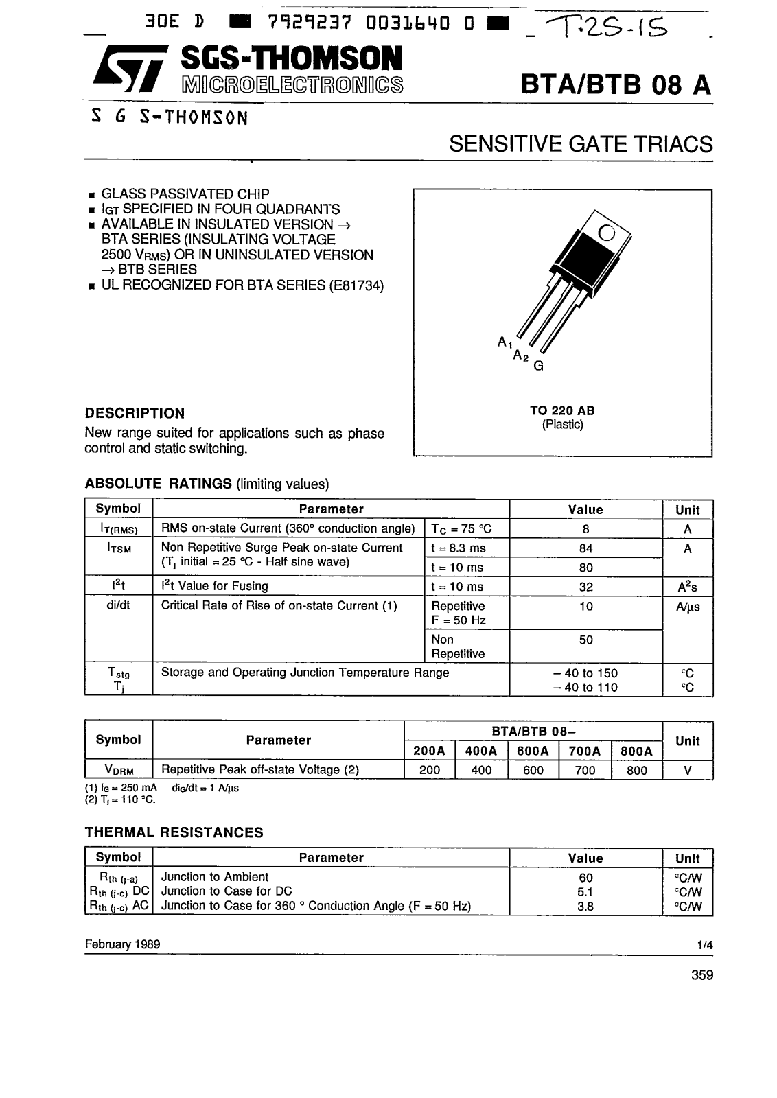 SGS Thomson Microelectronics BTB08-400A, BTB08-200A, BTB08-600A, BTB08-700A, BTA08-800A Datasheet