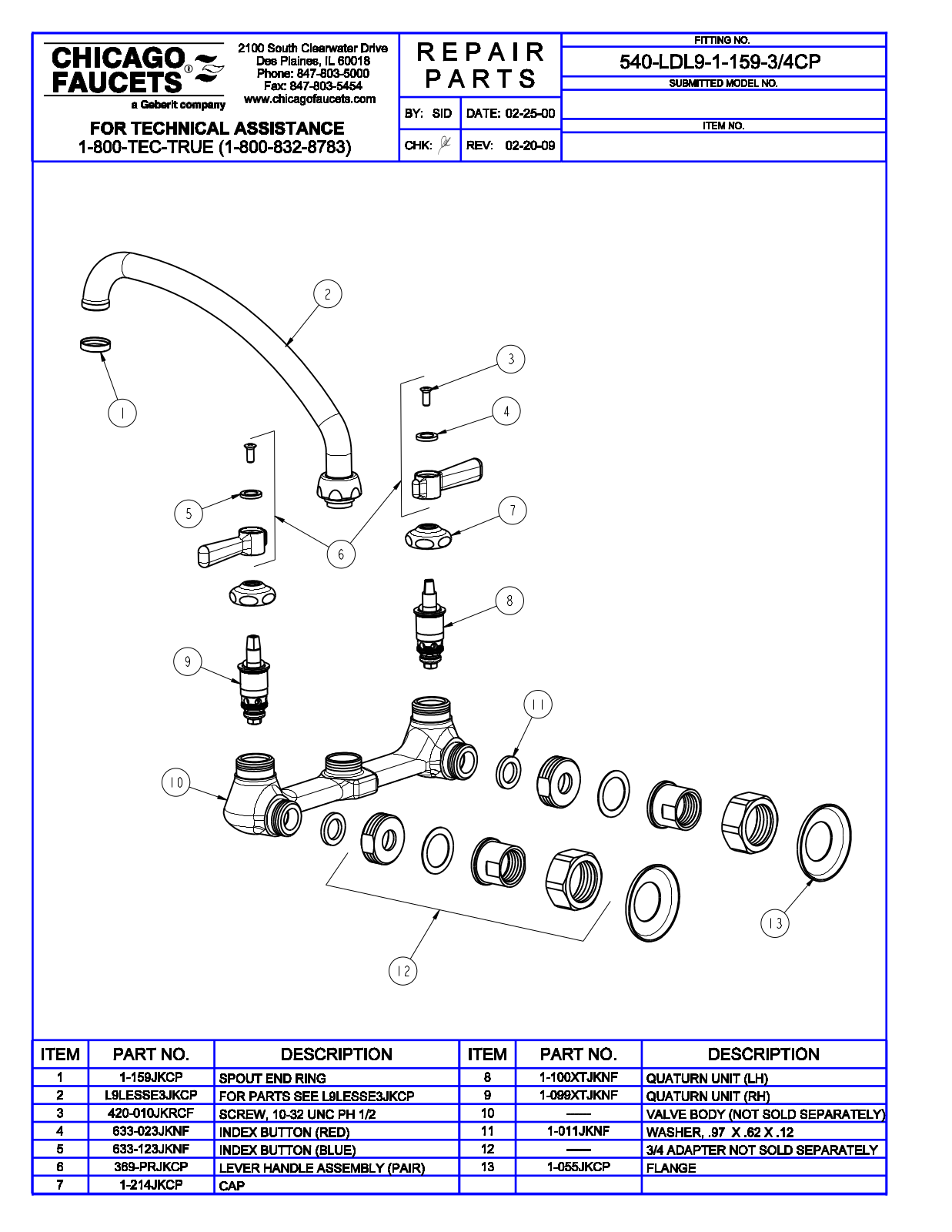 Chicago Faucet 540-LDL9-1-159-3-4 Parts List