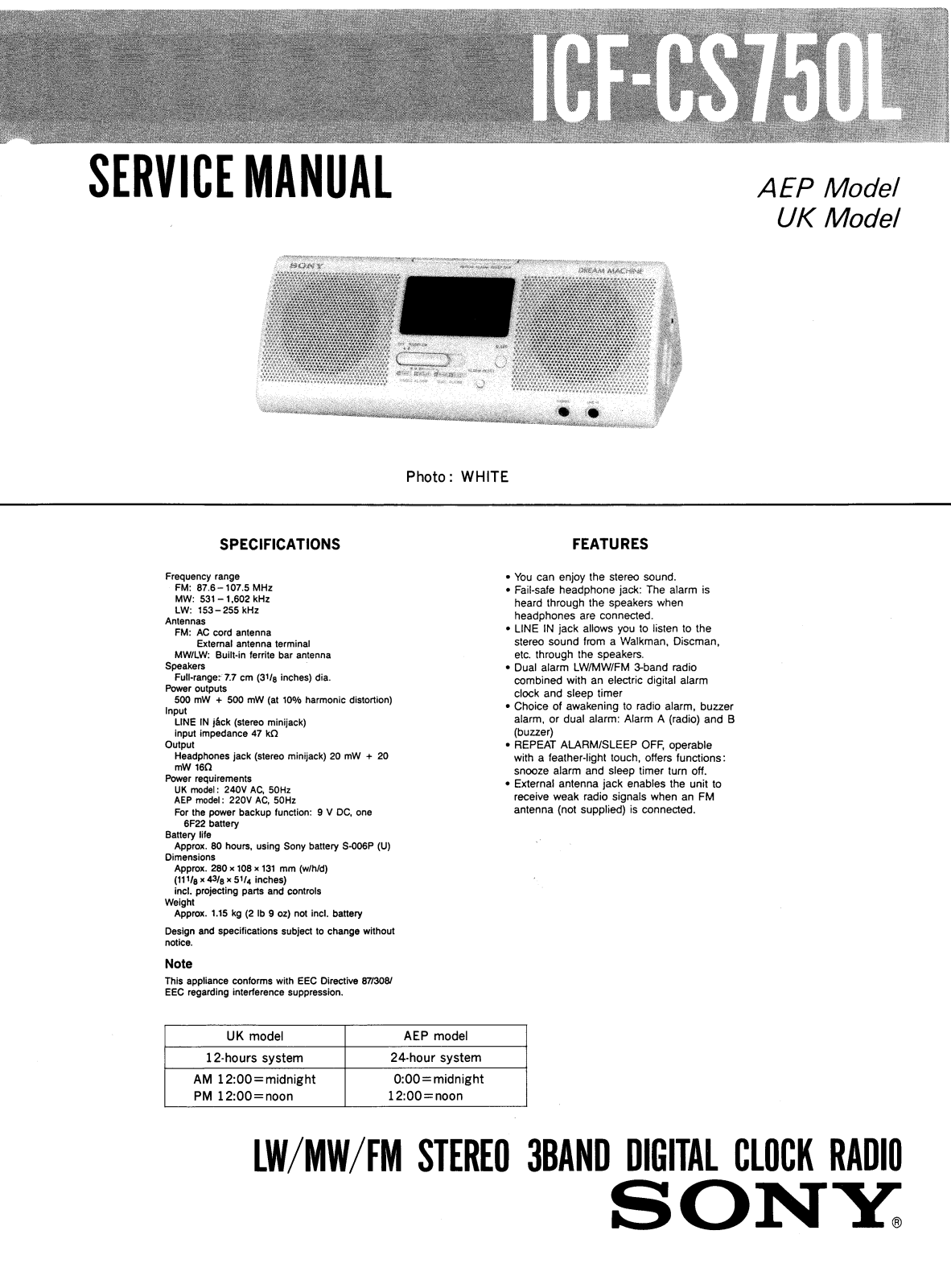 Sony ICFCS-750-L Service manual