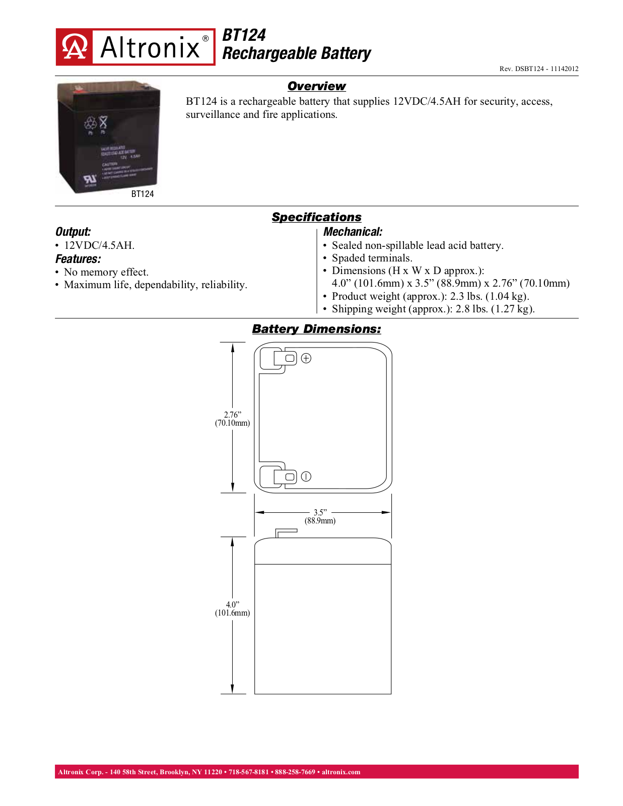 Altronix BT124 Data Sheet