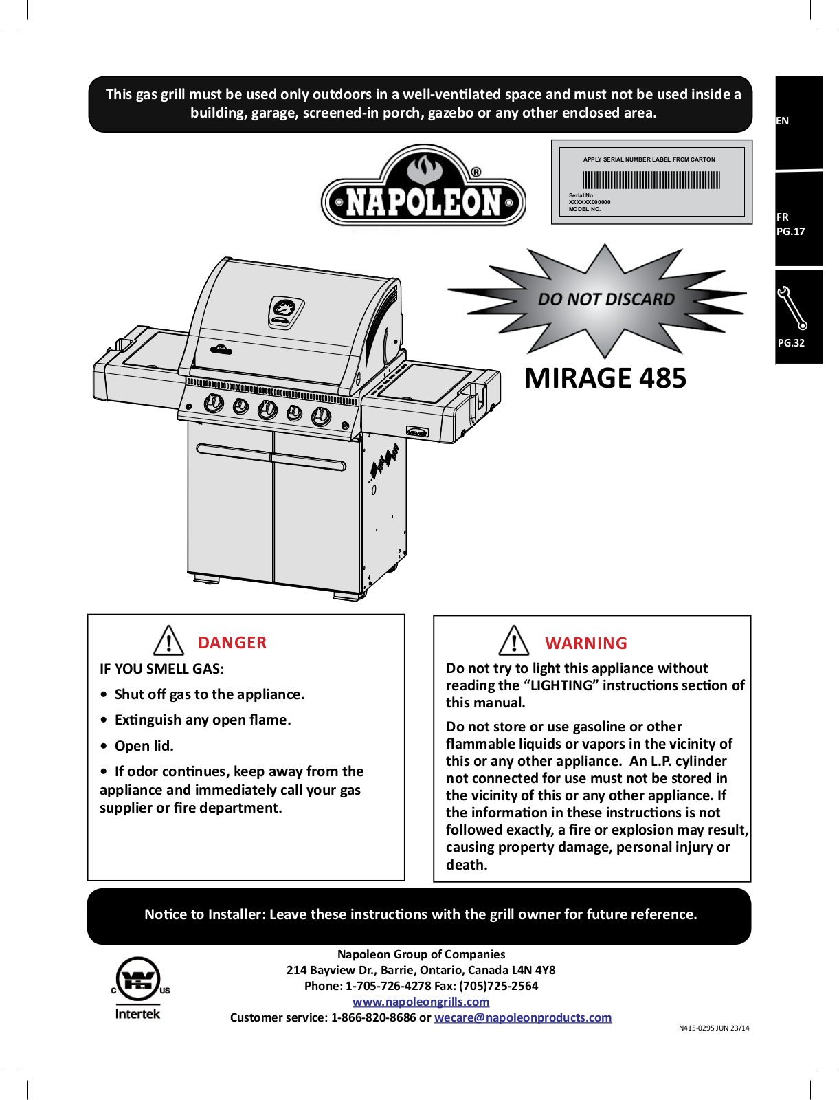 Napoleon Mirage485, Mirage485rsib, M485rsib-2 Owner's Manual