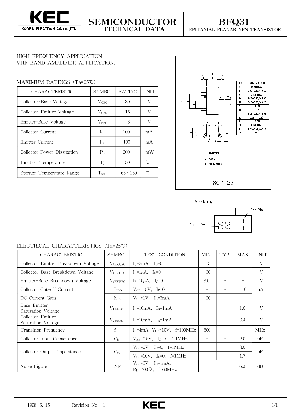 Korea Electronics Co  Ltd BFQ31 Datasheet