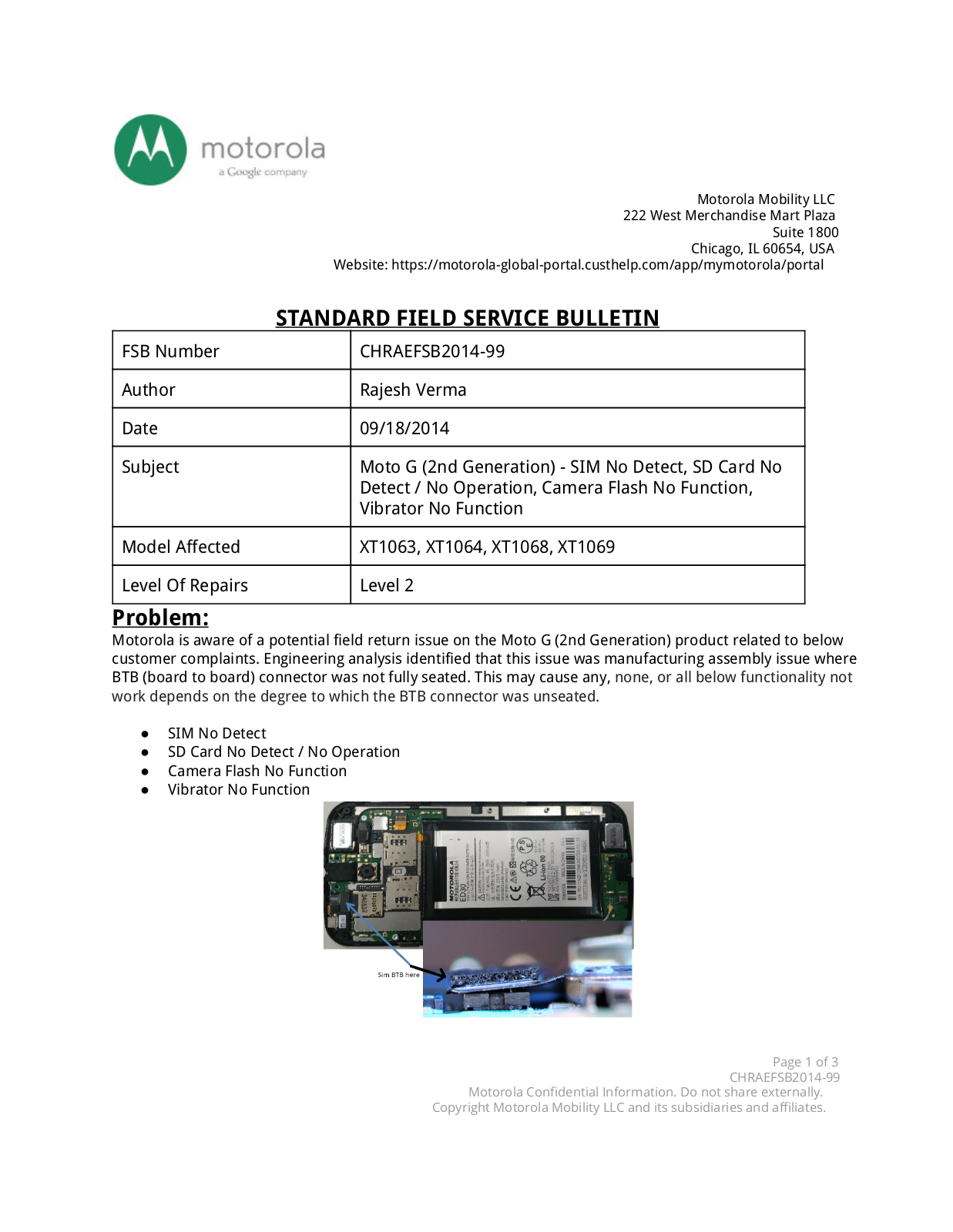 Motorola moto g2, XT1063, XT1064, XT1068, XT1069 STANDARD FIELD SERVICE BULLETIN