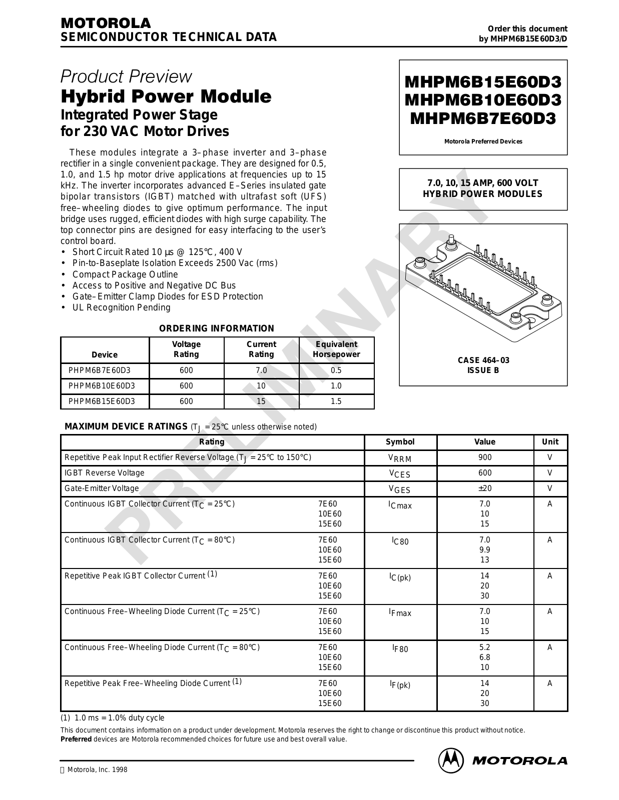 Motorola PHPM6B10E60D3, PHPM6B15E60D3, PHPM6B7E60D3 Datasheet