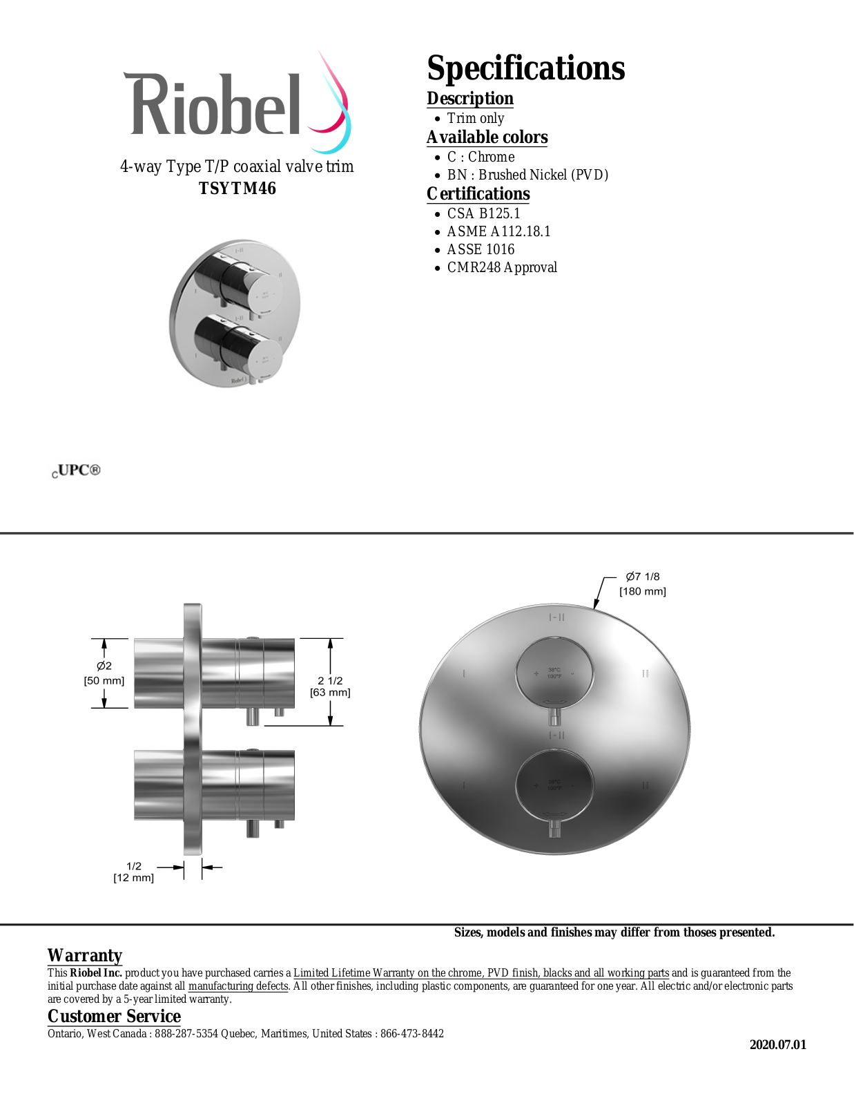 Riobel TSYTM46BN, TSYTM46C Specifications - ManualMachine.com