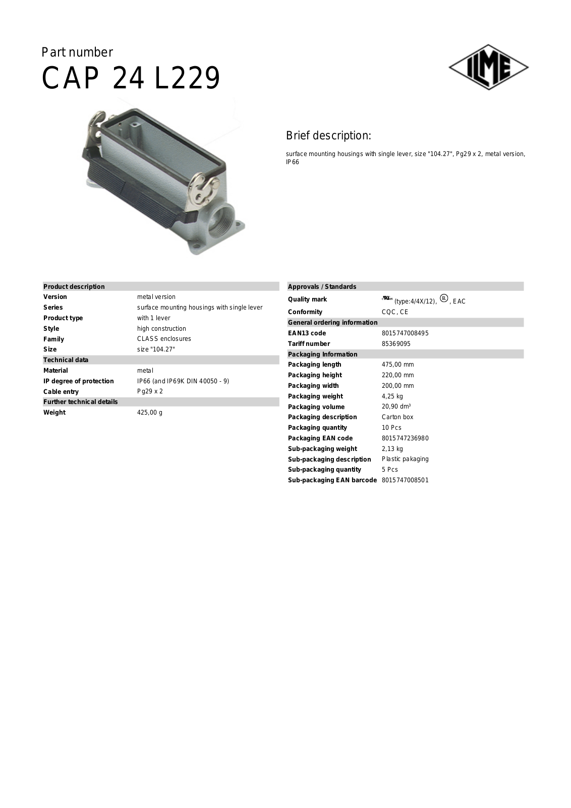 Datasheet CAP-24L229 Datasheet (ILME) - ManualMachine.com