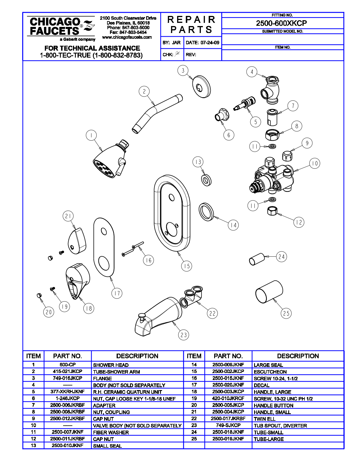 Chicago Faucet 2500-600XKCP Parts List